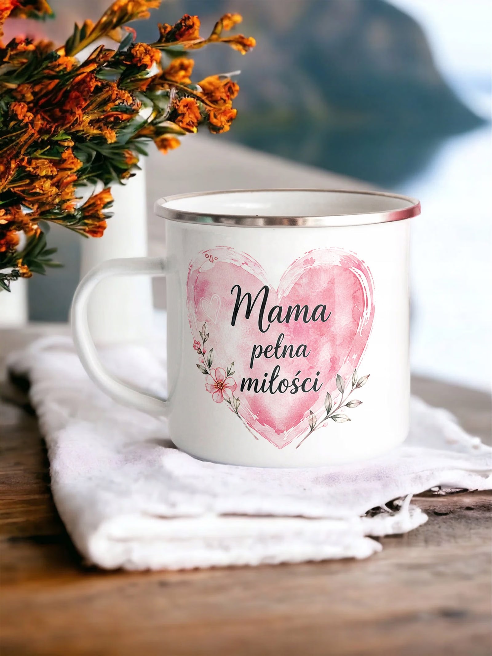 Kubek Emaliowany dla mamy Dzień Matki pomysł hit z Nadrukiem Biały Metalowy