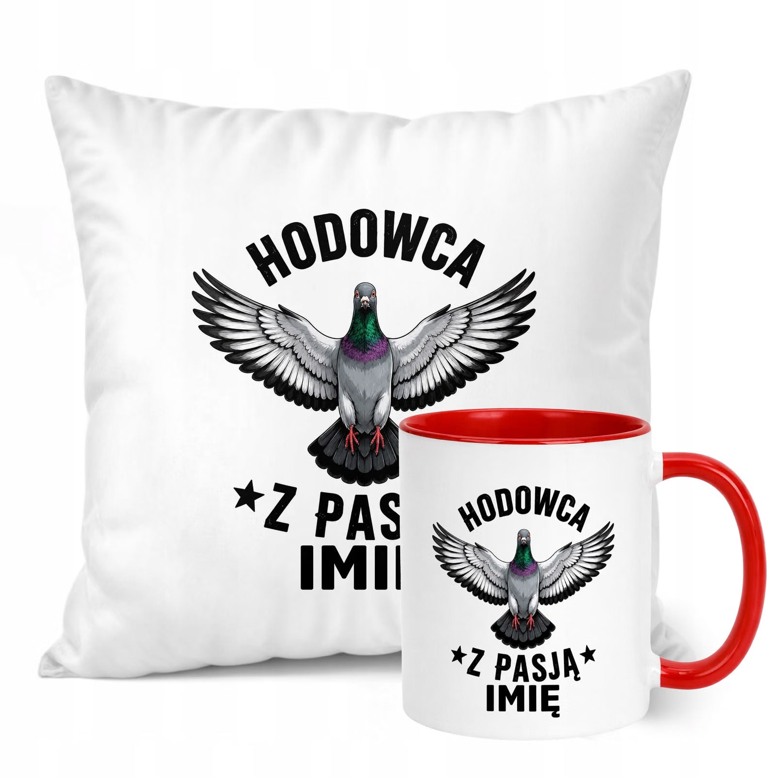 Zestaw Personalizowany Kubek Czerwony Poduszka Z Nadrukiem Dla Gołębiarza