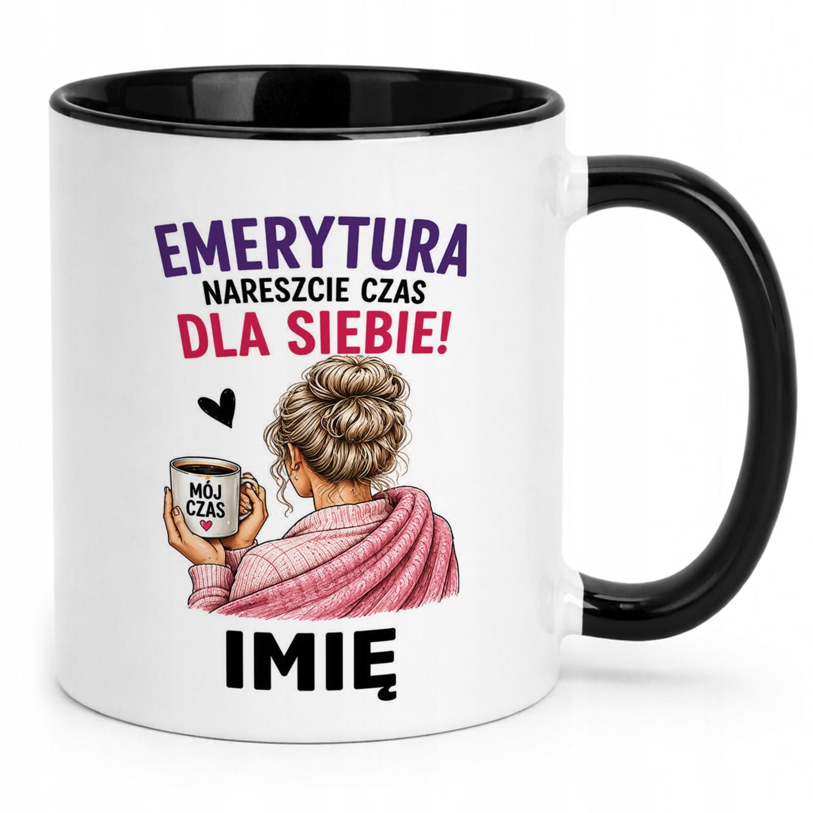 Kubek Czarny Personalizowany z Nadrukiem Emerytura Dla Emerytki Prezent