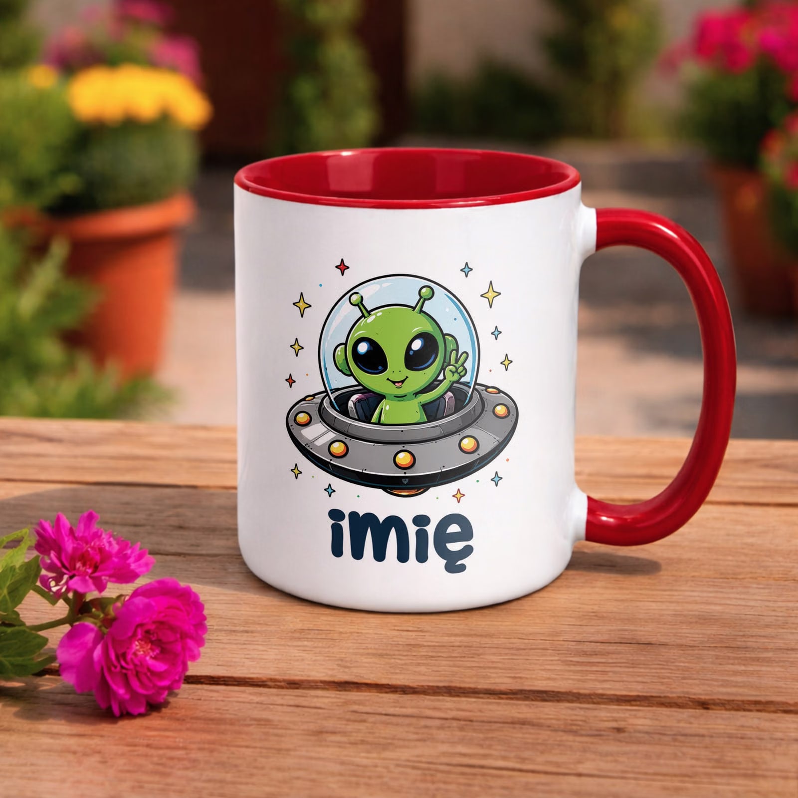 Kubek Czerwony z nadrukiem personalizowany Kosmita UFO Dla Dzieci Prezent
