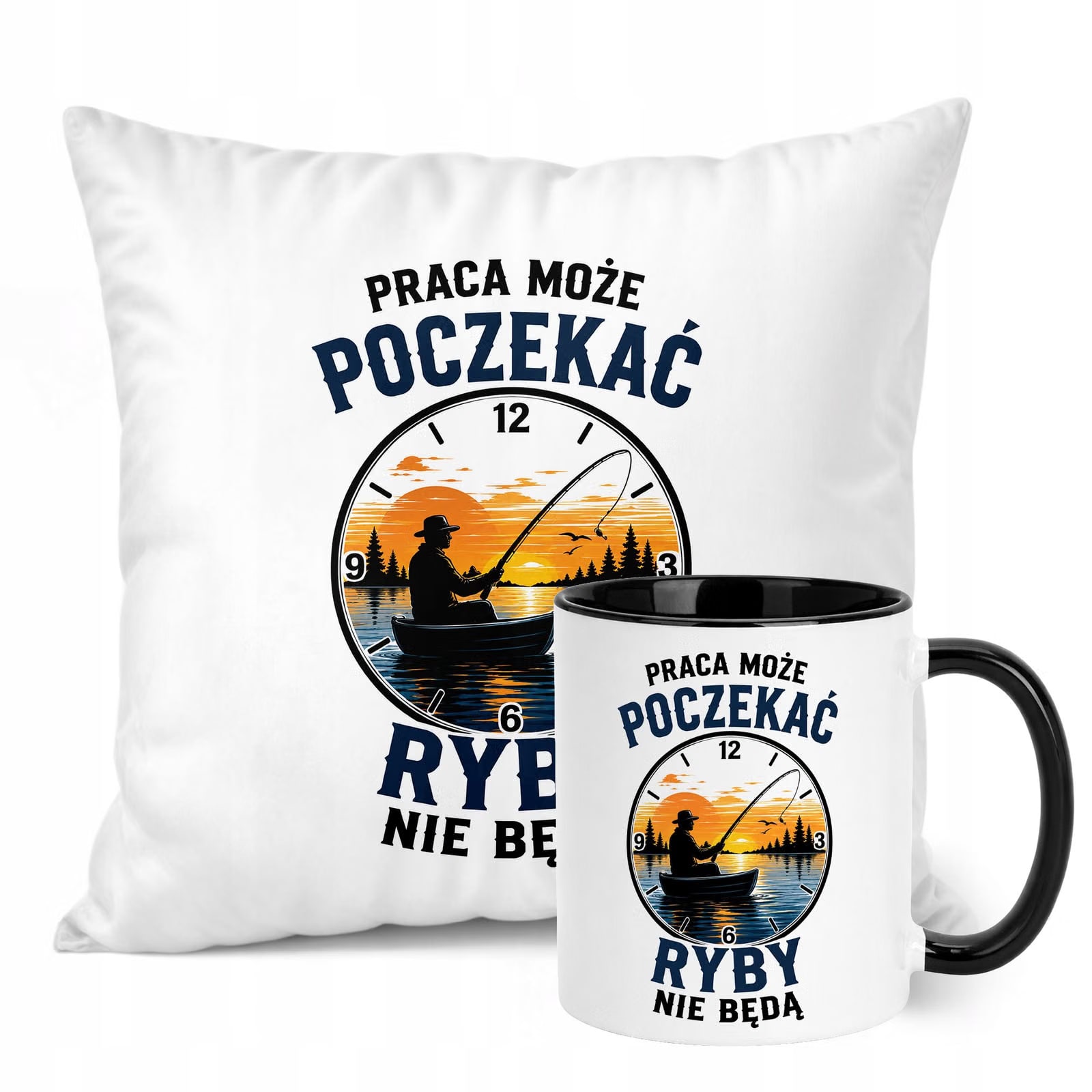 Zestaw Kubek Czarny Poduszka Z Nadrukiem Dla Wędkarza Prezent