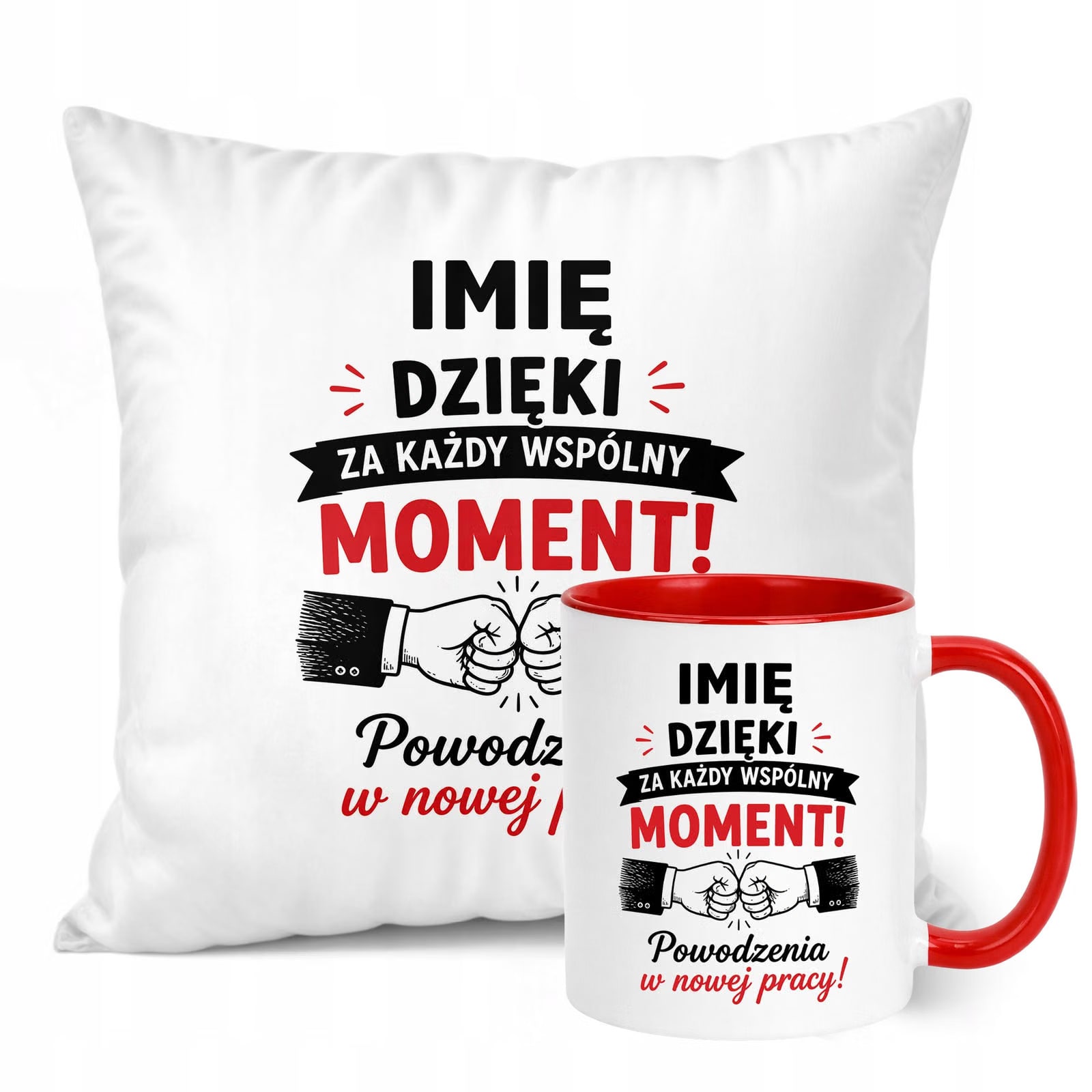 Zestaw Personalizowany Kubek Czerwony Poduszka Odejście z Pracy Prezent