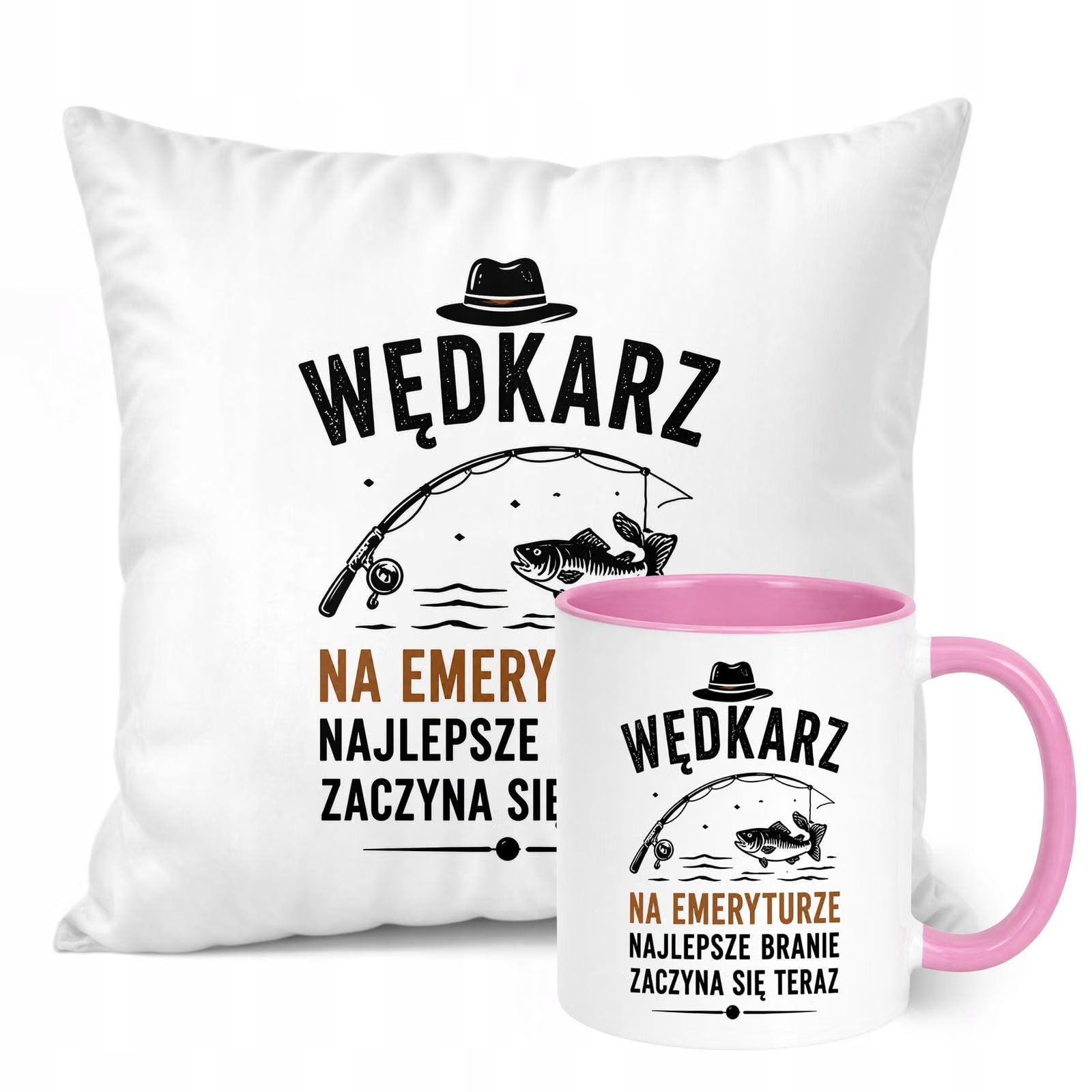 Zestaw Kubek Różowy Poduszka Z Nadrukiem Emerytura Dla Emeryta Prezent