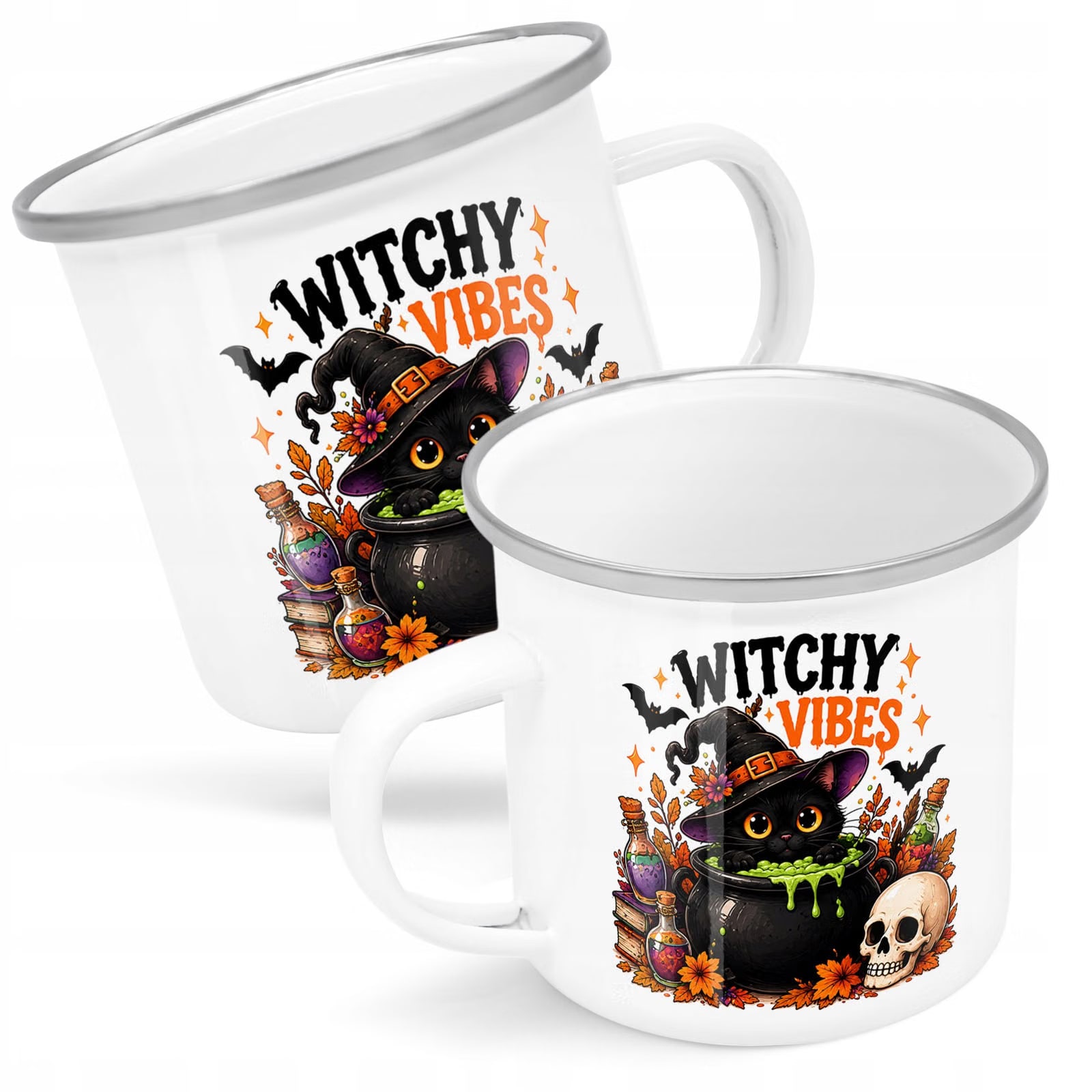 Kubek Emaliowany Halloween Witchy Vibes Kot z Nadrukiem Biały Metalowy