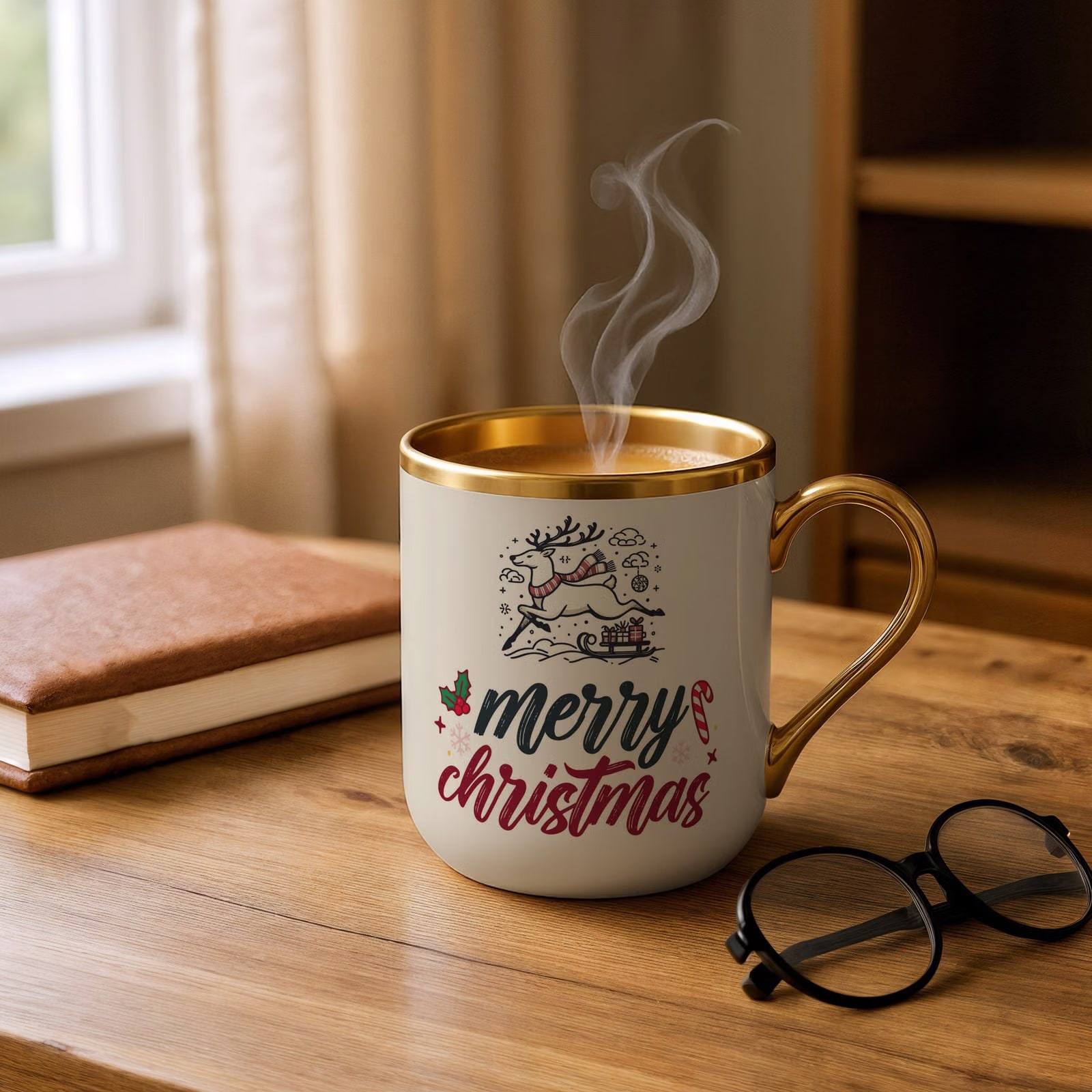 Kubek Premium Złoty Ecru Boże Narodzenie Mikołajki Merry Christmas Prezent