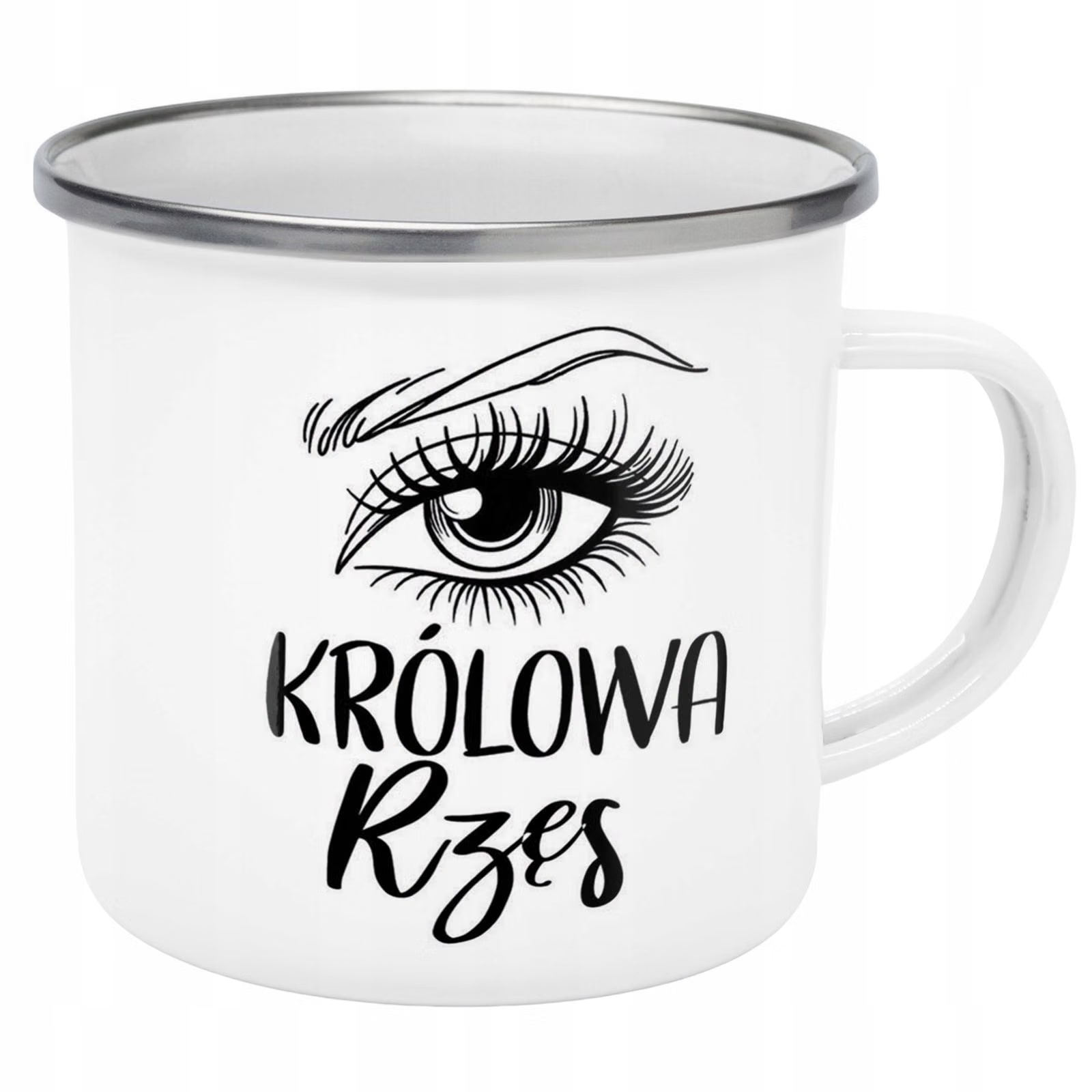Kubek Emaliowany Królowa Rzęs Dla Stylistki z Nadrukiem Biały Metalowy