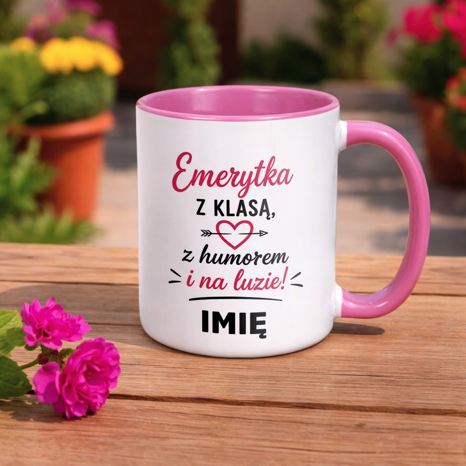 Kubek Różowy Personalizowany z Nadrukiem Emerytura Dla Emerytki Prezent