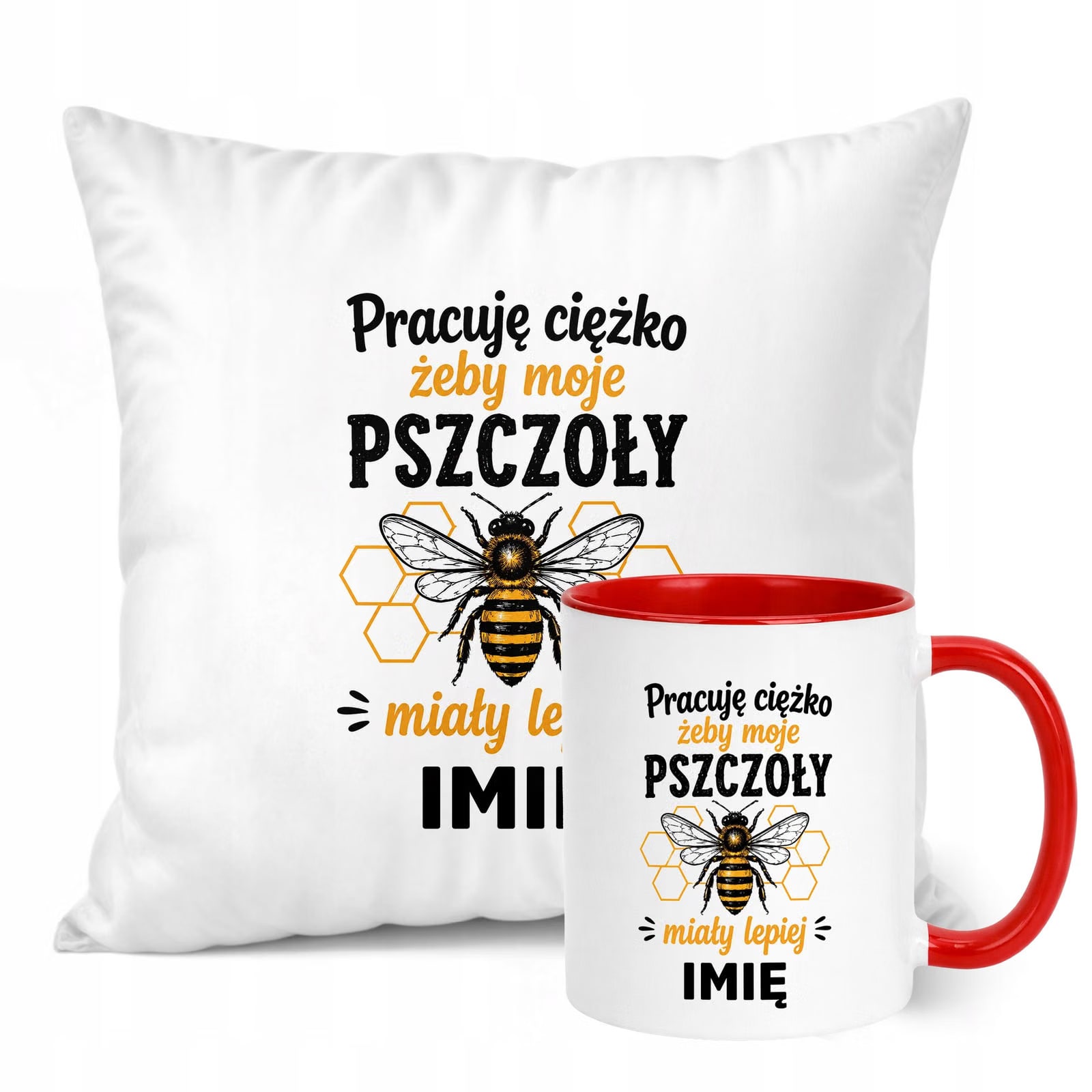 Zestaw Personalizowany Kubek Czerwony Poduszka Z Nadrukiem Dla Pszczelarza