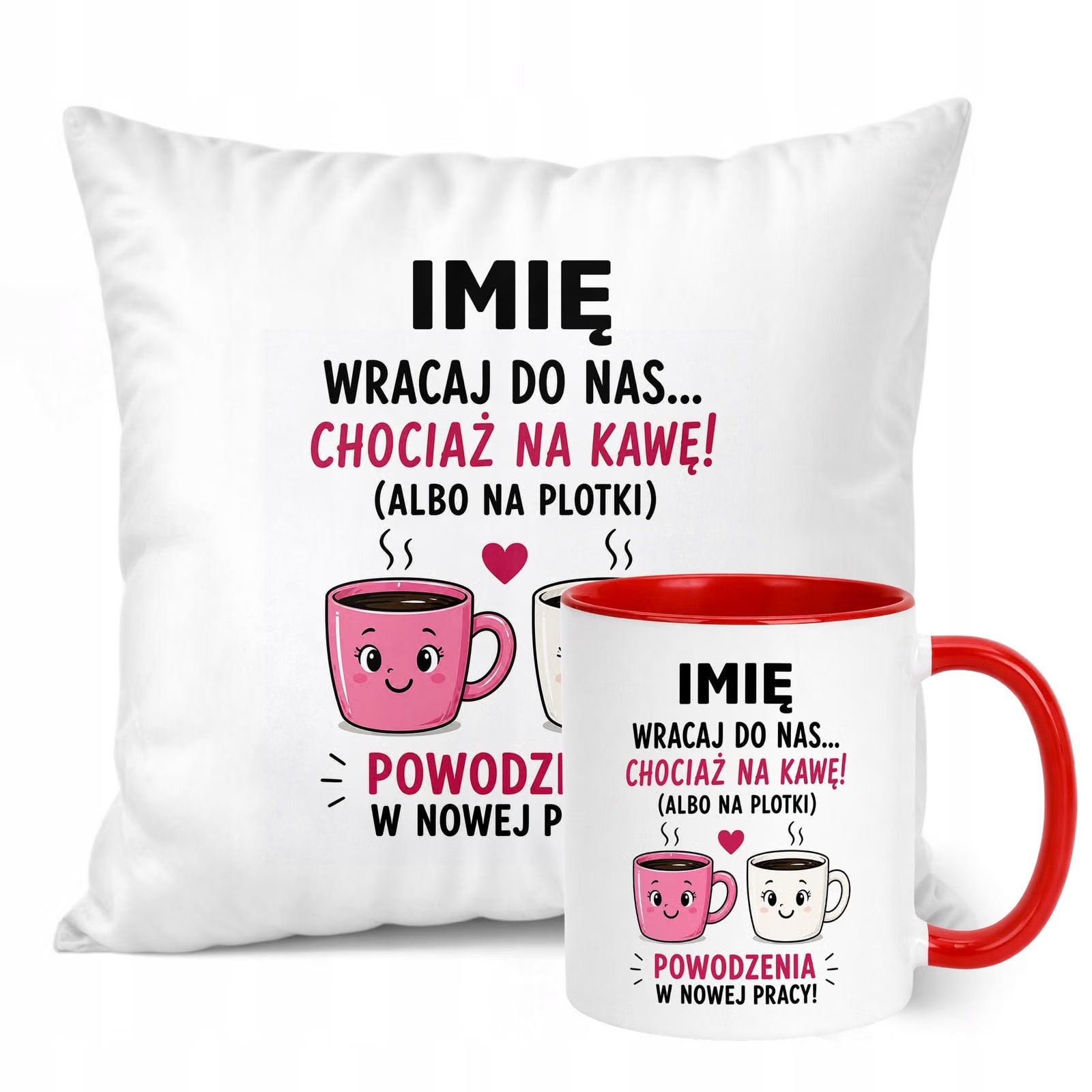 Zestaw Personalizowany Kubek Czerwony Poduszka Odejście z Pracy Prezent