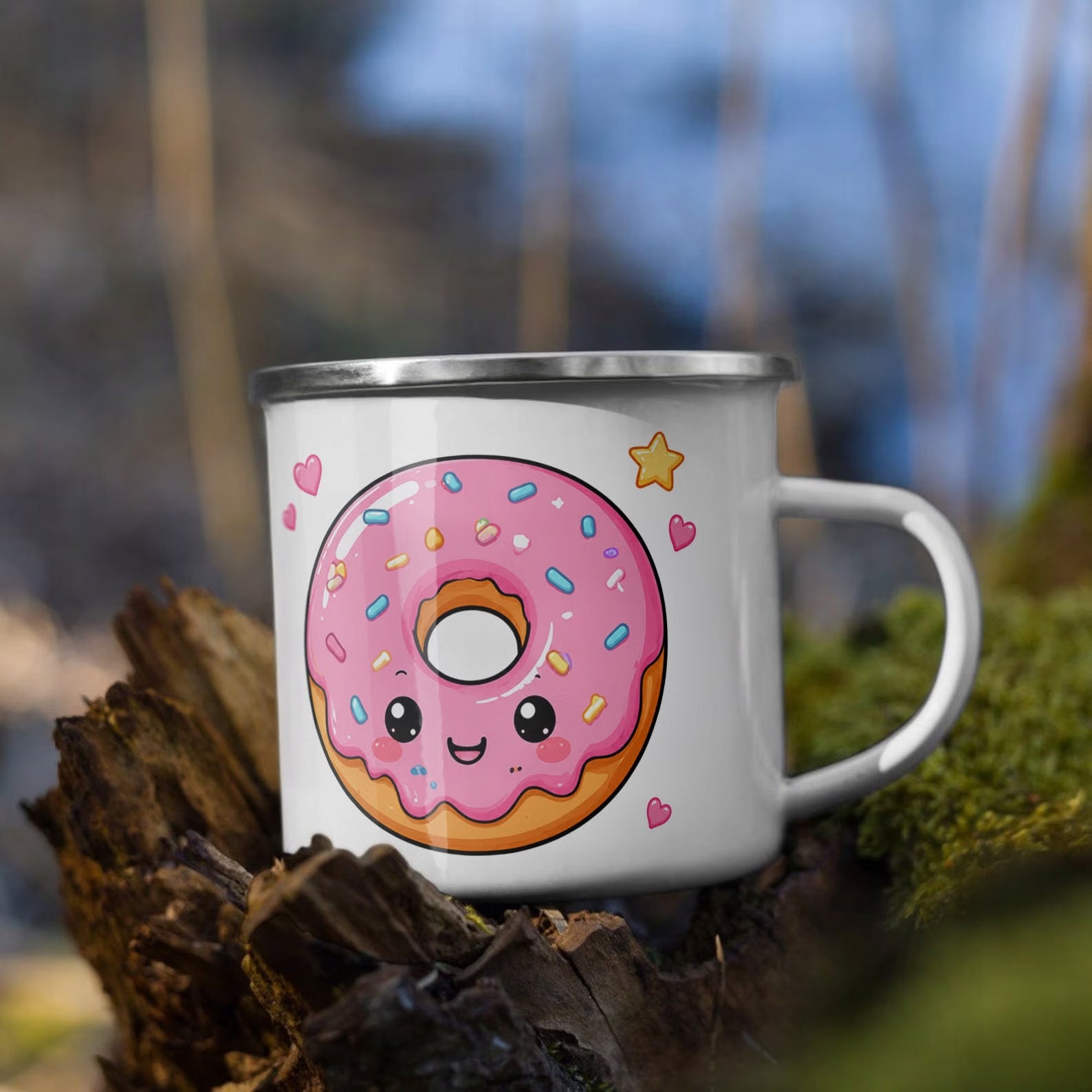 Zestaw Kubek Emaliowany Poduszka Z Nadrukiem Kawaii Pączek Prezent