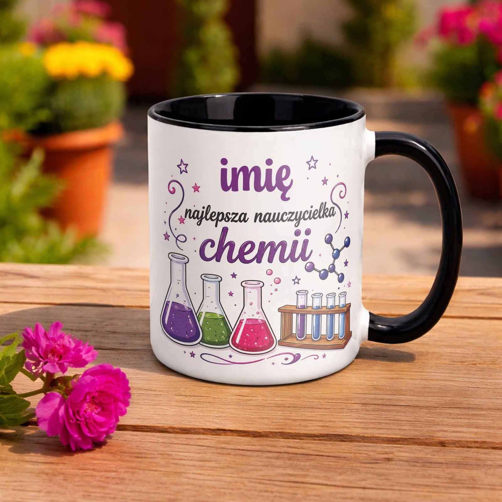 Kubek Czarny z Imieniem Dzień Nauczyciela Chemia Prezent