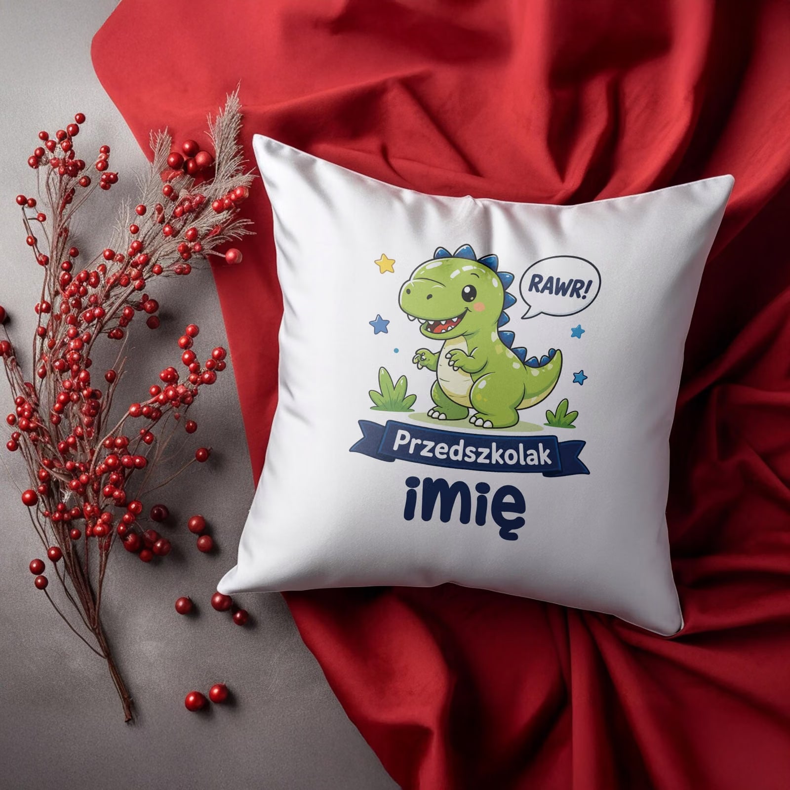 Zestaw Personalizowany Kubek Różowy Poduszka Przedszkolak Dinozaur