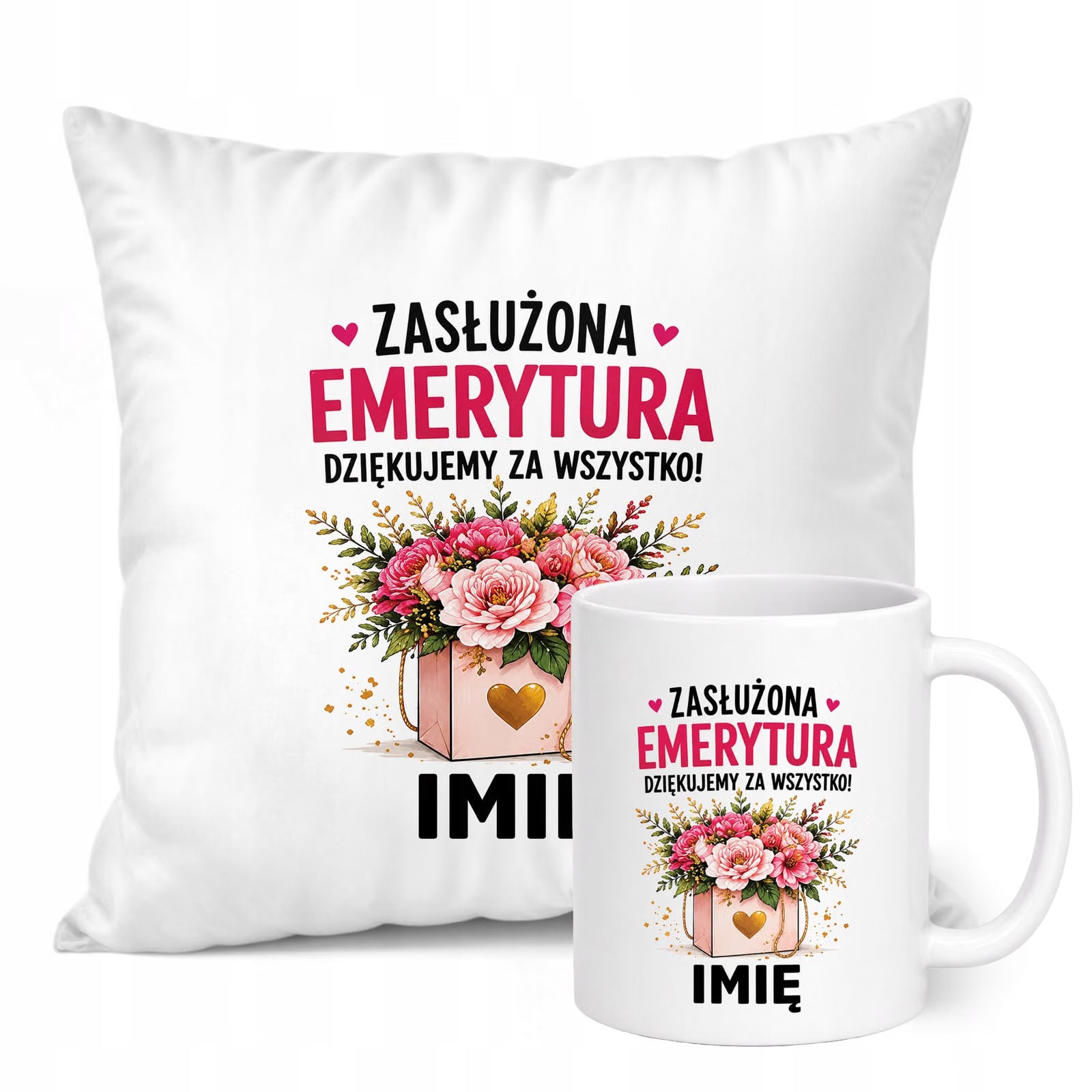 Zestaw Personalizowany Kubek Biały Poduszka Emerytura Dla Emerytki Prezent