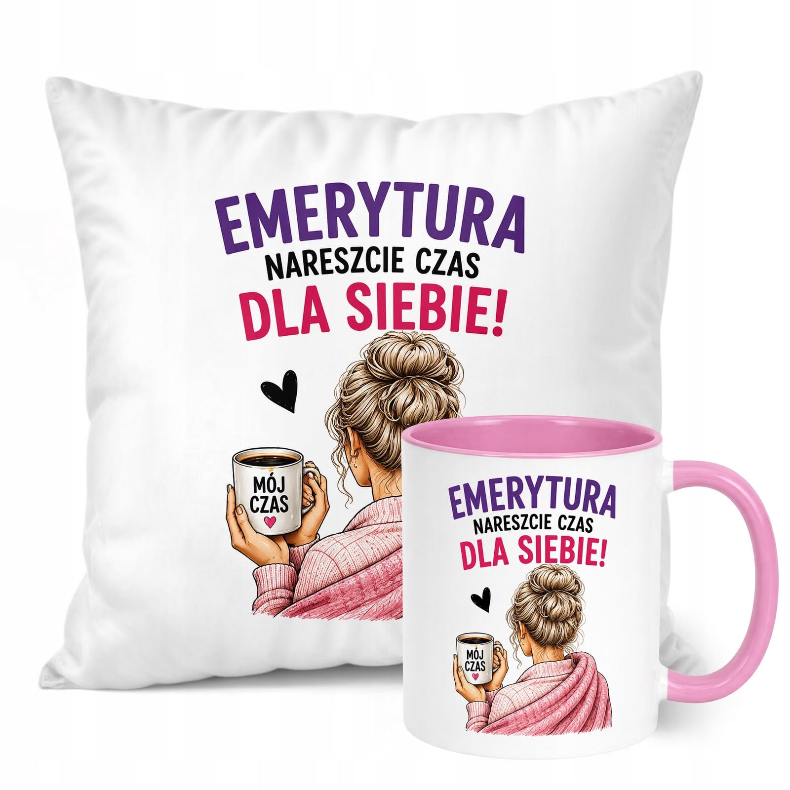 Zestaw Kubek Różowy Poduszka Z Nadrukiem Emerytura Dla Emerytki Prezent