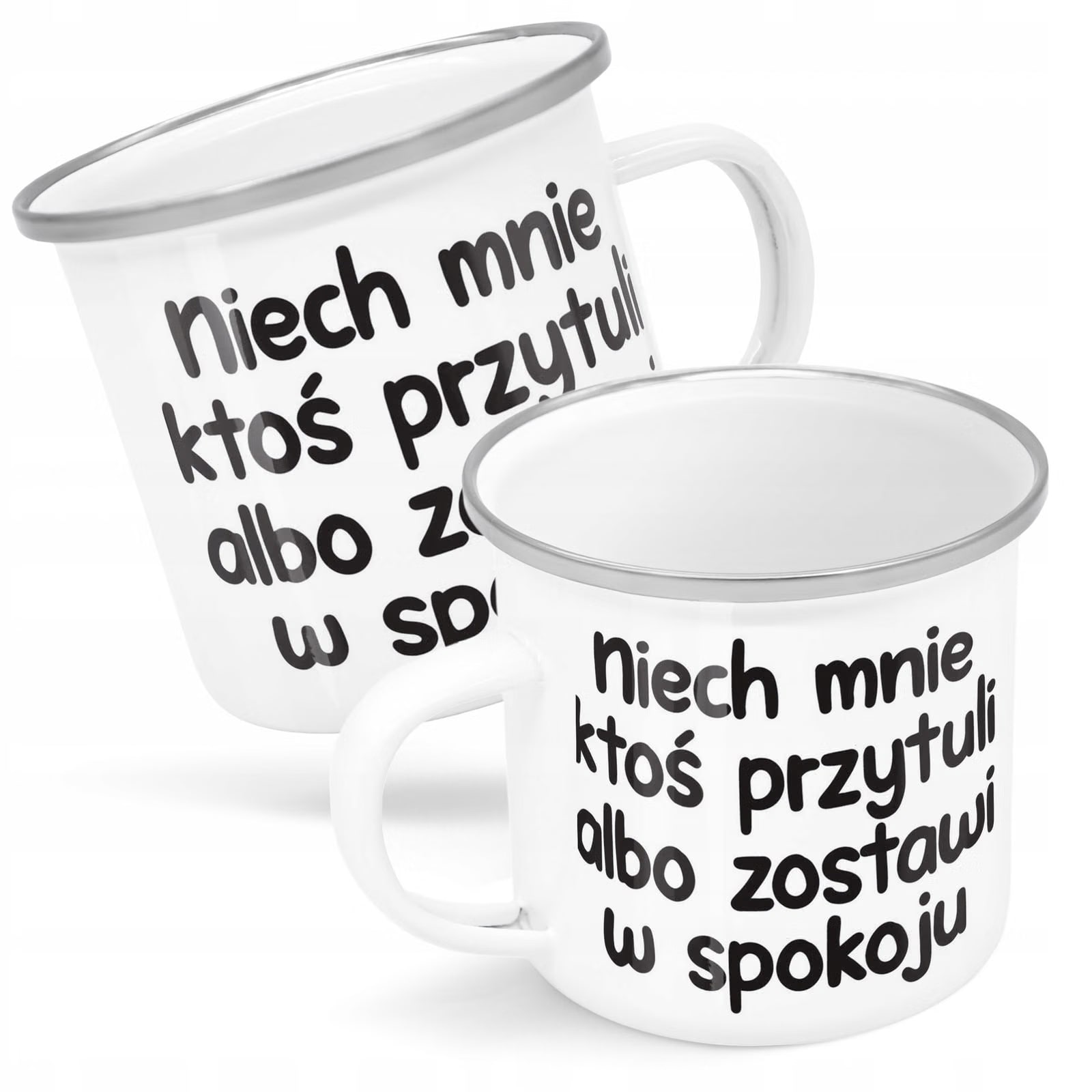 Kubek Emaliowany Niech Mnie Ktoś Przytuli z Nadrukiem Biały Metalowy