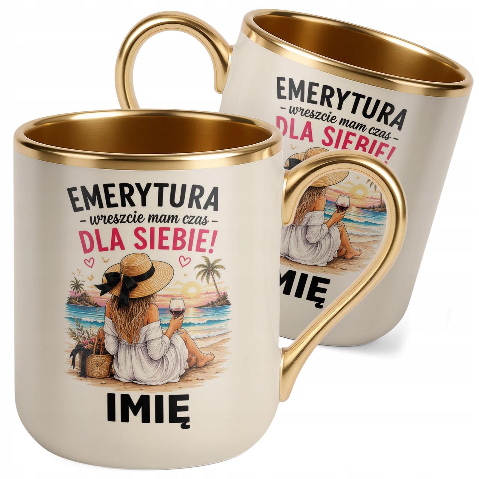 Kubek Personalizowany z nadrukiem Premium Złoty Ecru Emerytura Prezent