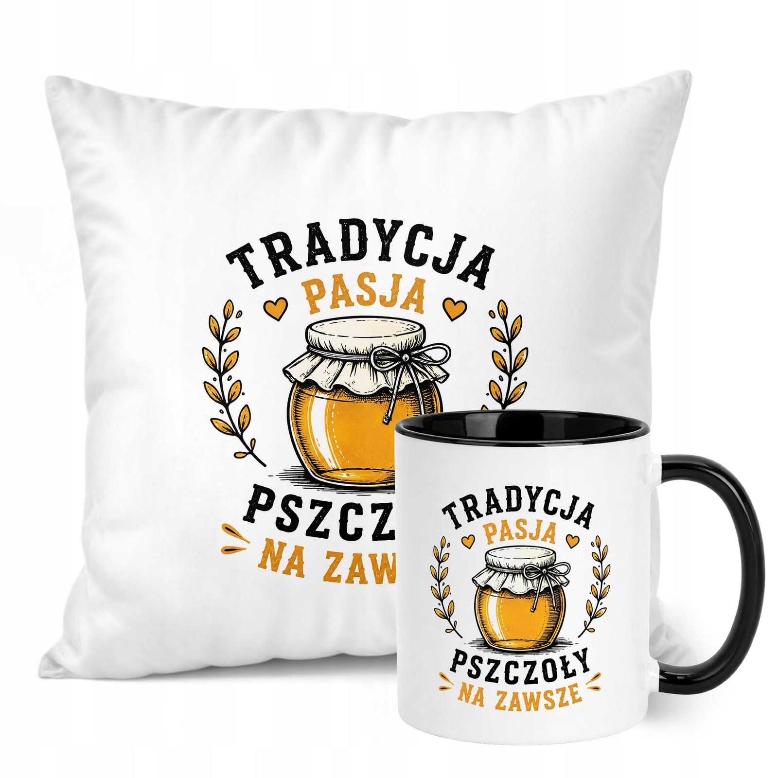 Zestaw Kubek Czarny Poduszka Z Nadrukiem Dla Pszczelarza Prezent