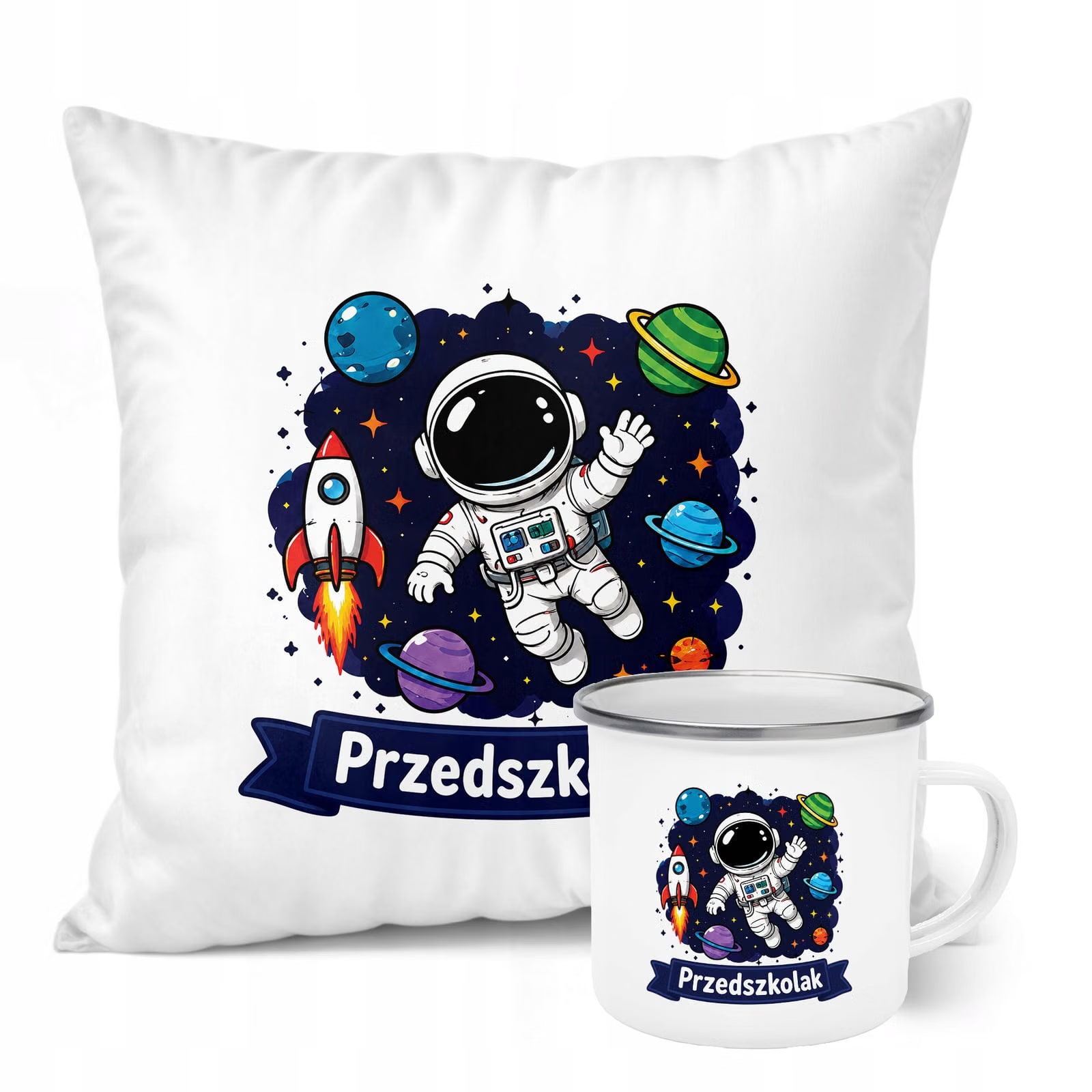 Zestaw Kubek Emaliowany Poduszka Z Nadrukiem Przedszkolak Szkoła Prezent