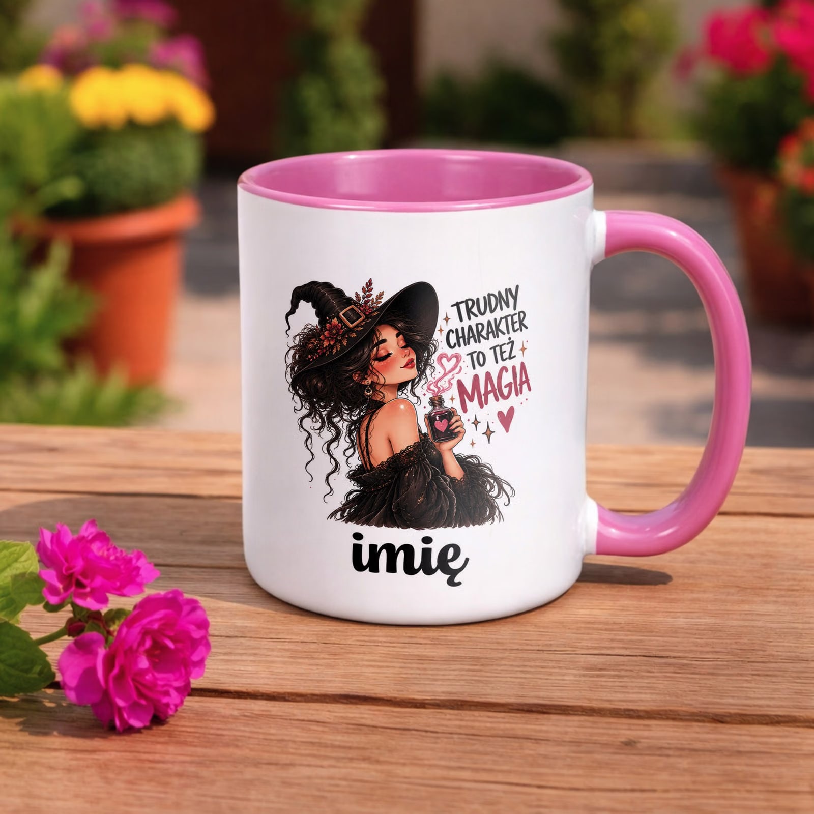 Kubek Różowy Personalizowany z Nadrukiem Dla Kobiet Czarownica Wiedźma