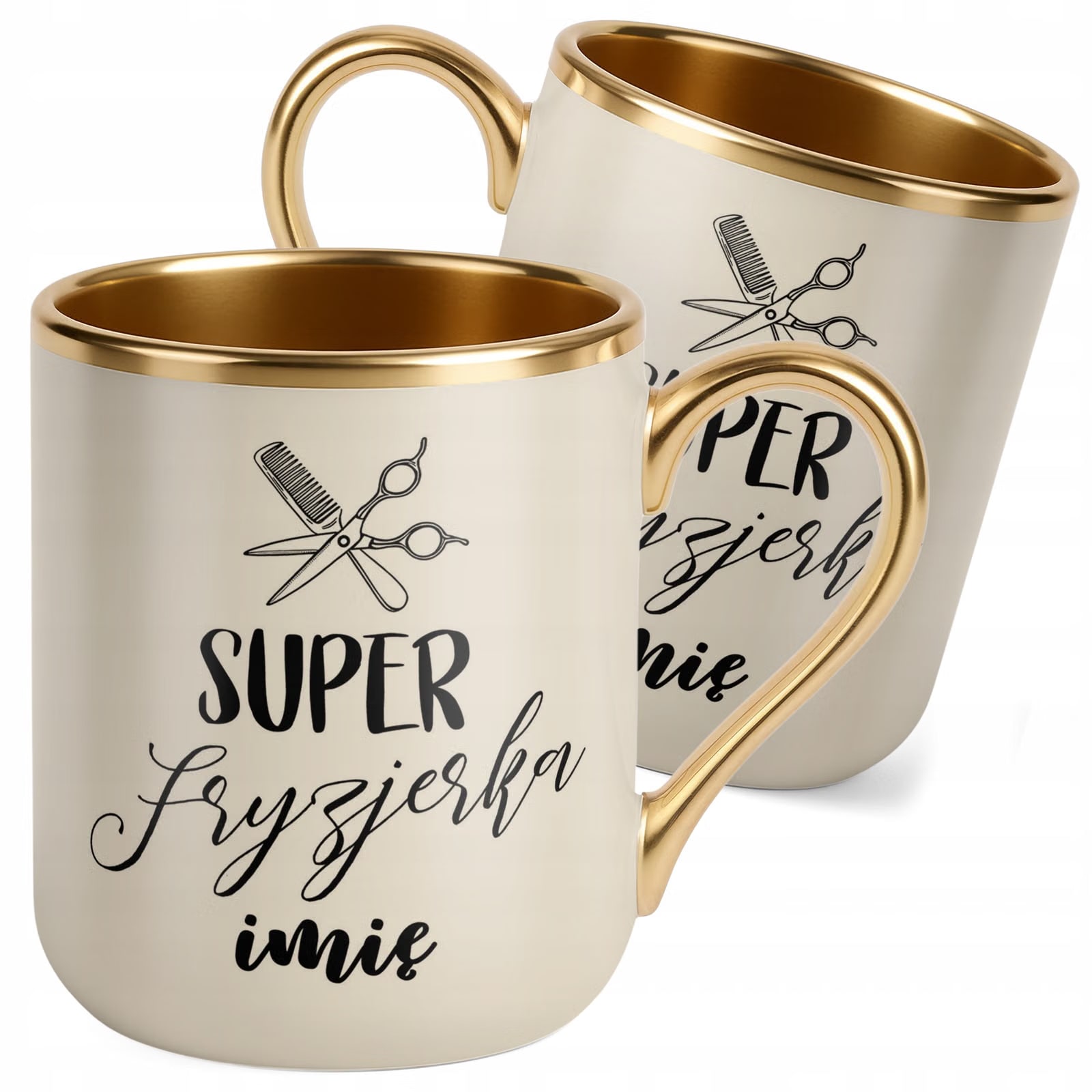 Kubek Premium Złoty Ecru Personalizowany Super Fryzjerka Dla Fryzjerki