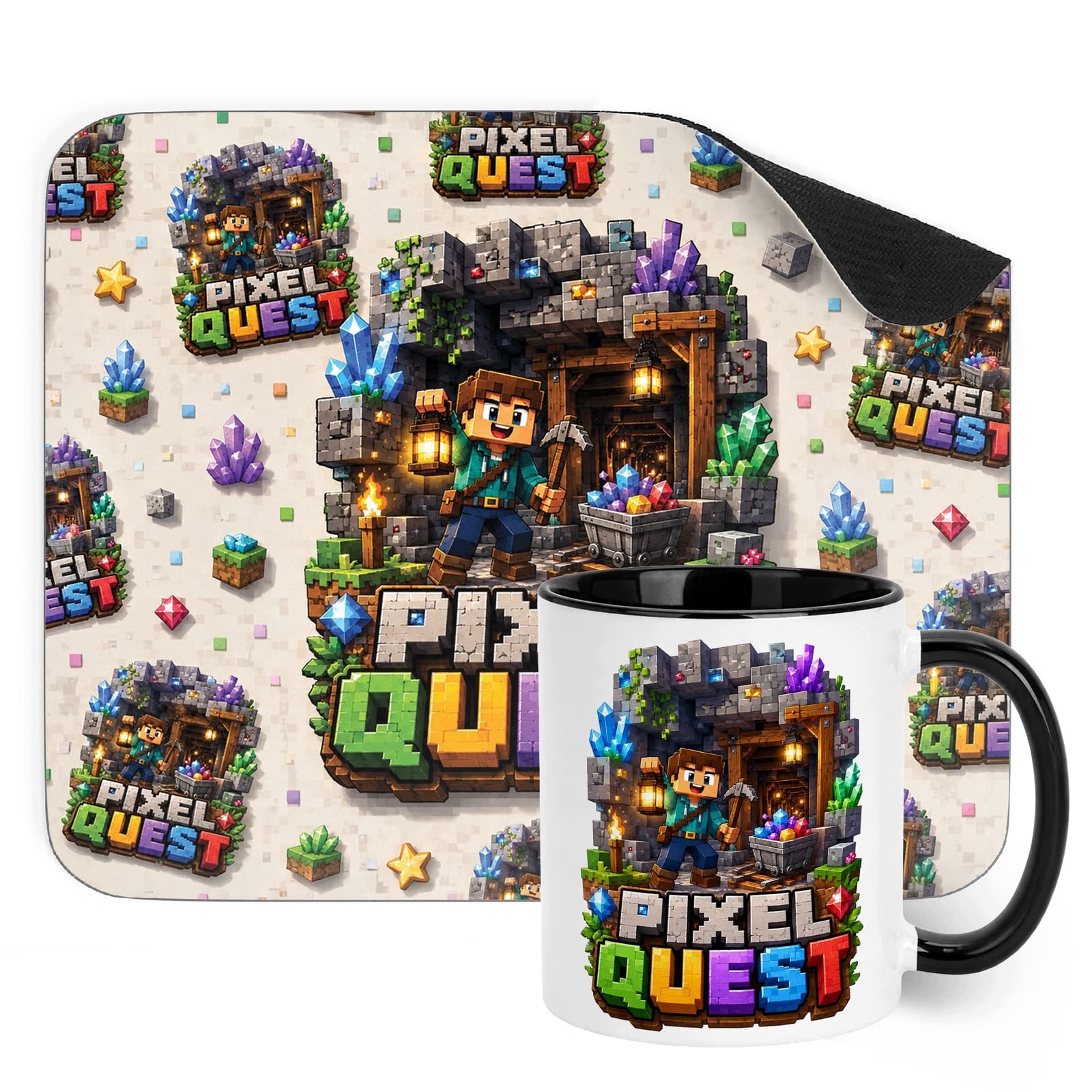Zestaw Kubek Czarny Podkładka pod mysz z nadrukiem gra Pixel Quest