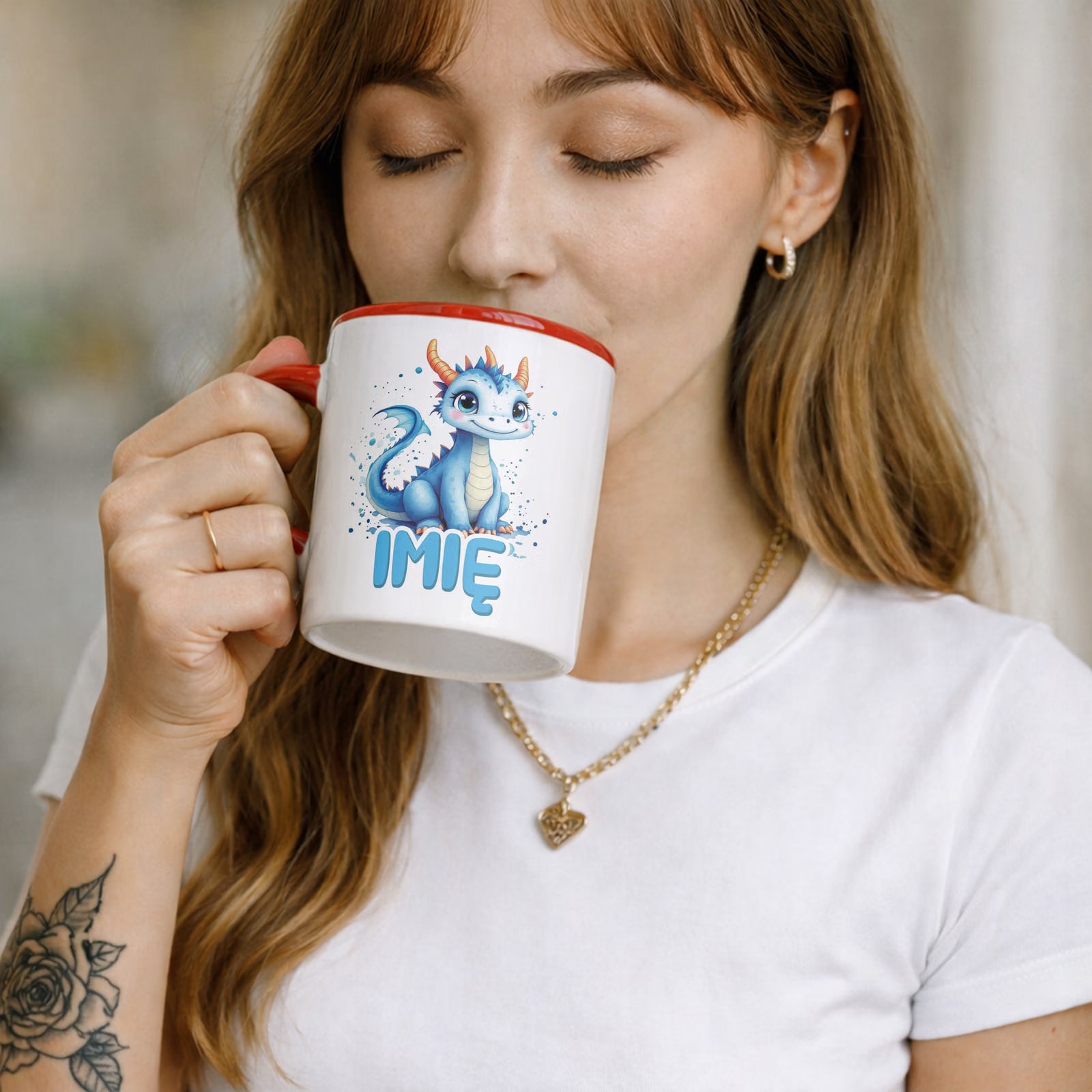 Kubek Czerwony Personalizowany Smok Zwierzak Słodki Dla Dzieci