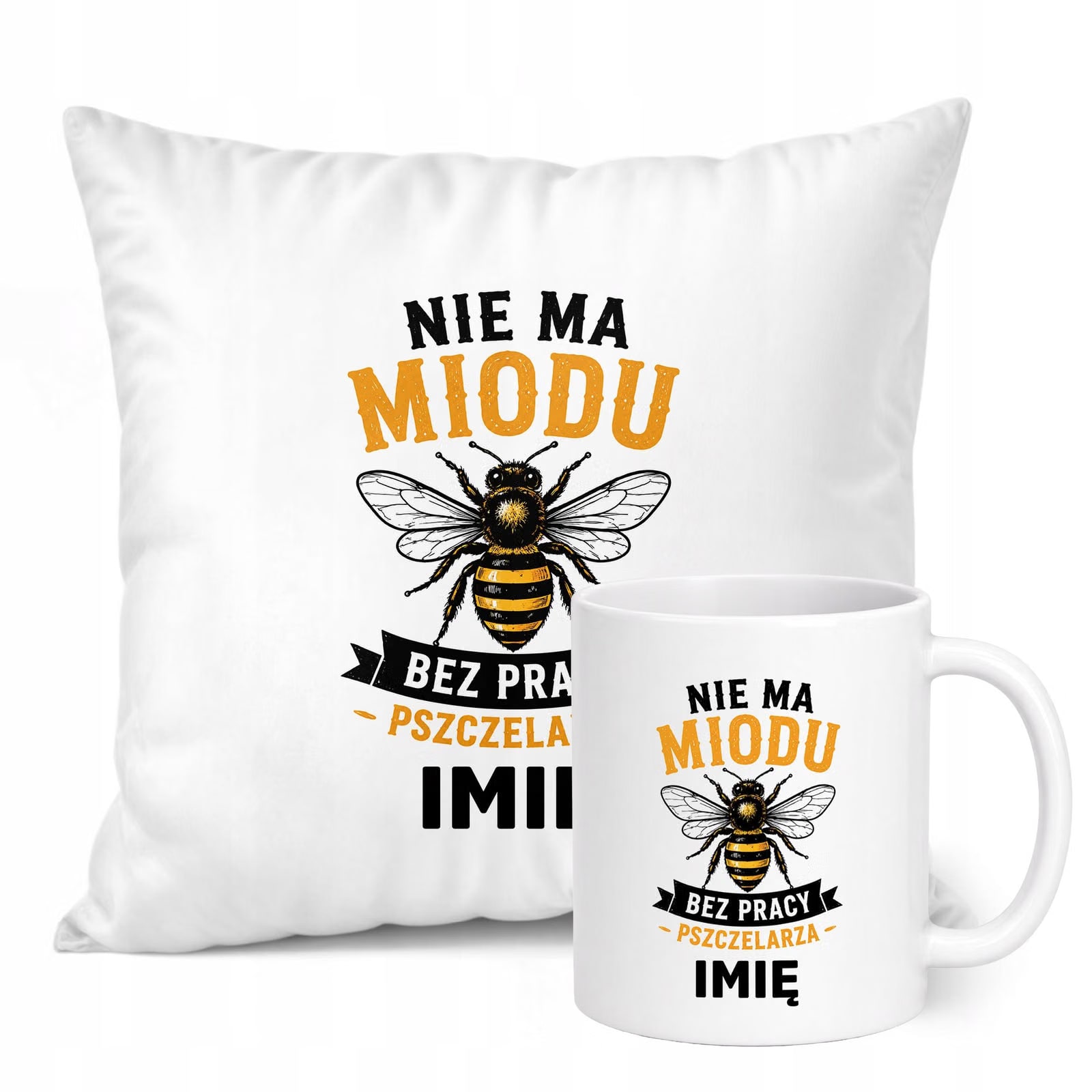 Zestaw Personalizowany Kubek Biały Poduszka Z Nadrukiem Dla Pszczelarza