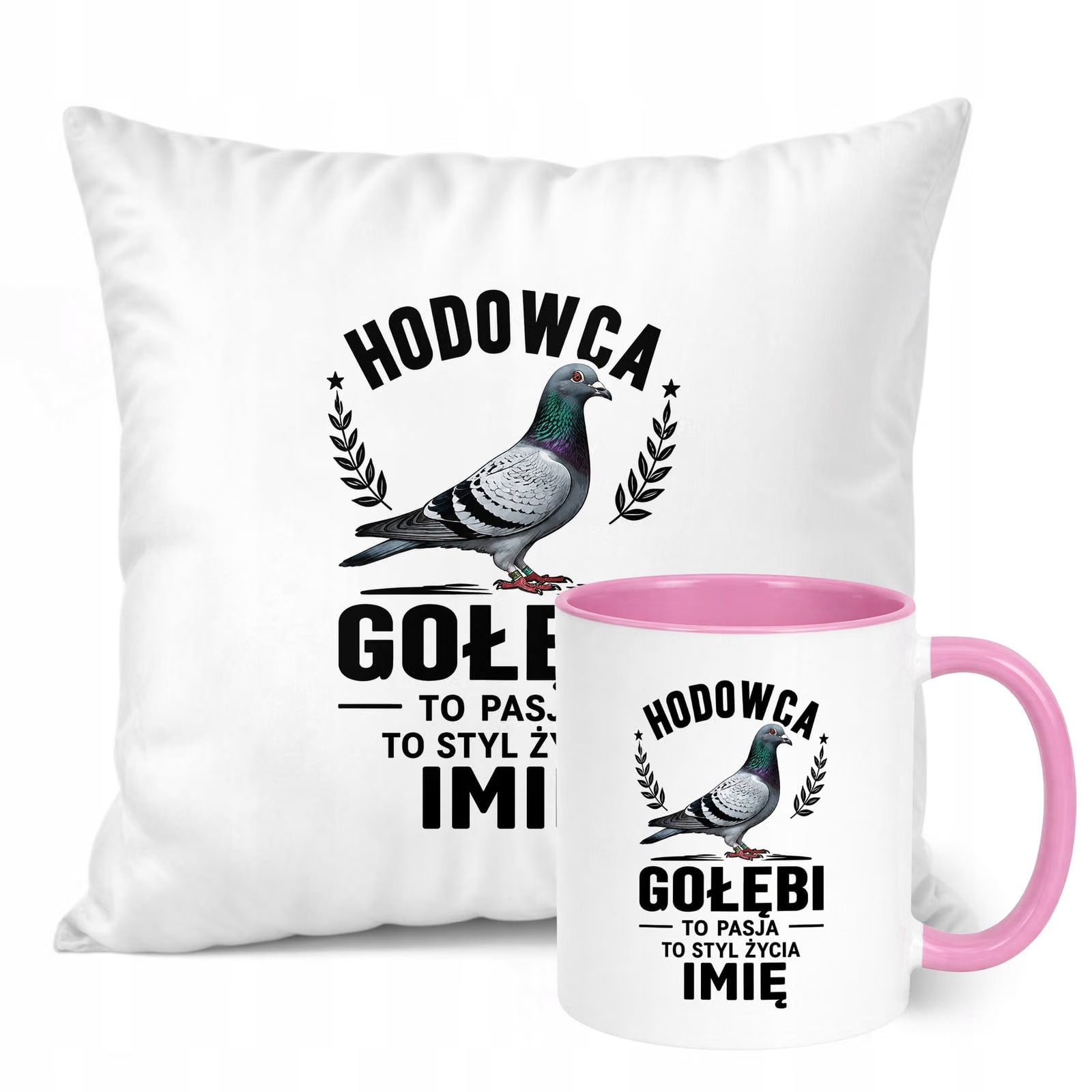 Zestaw Personalizowany Kubek Różowy Poduszka Z Nadrukiem Dla Gołębiarza