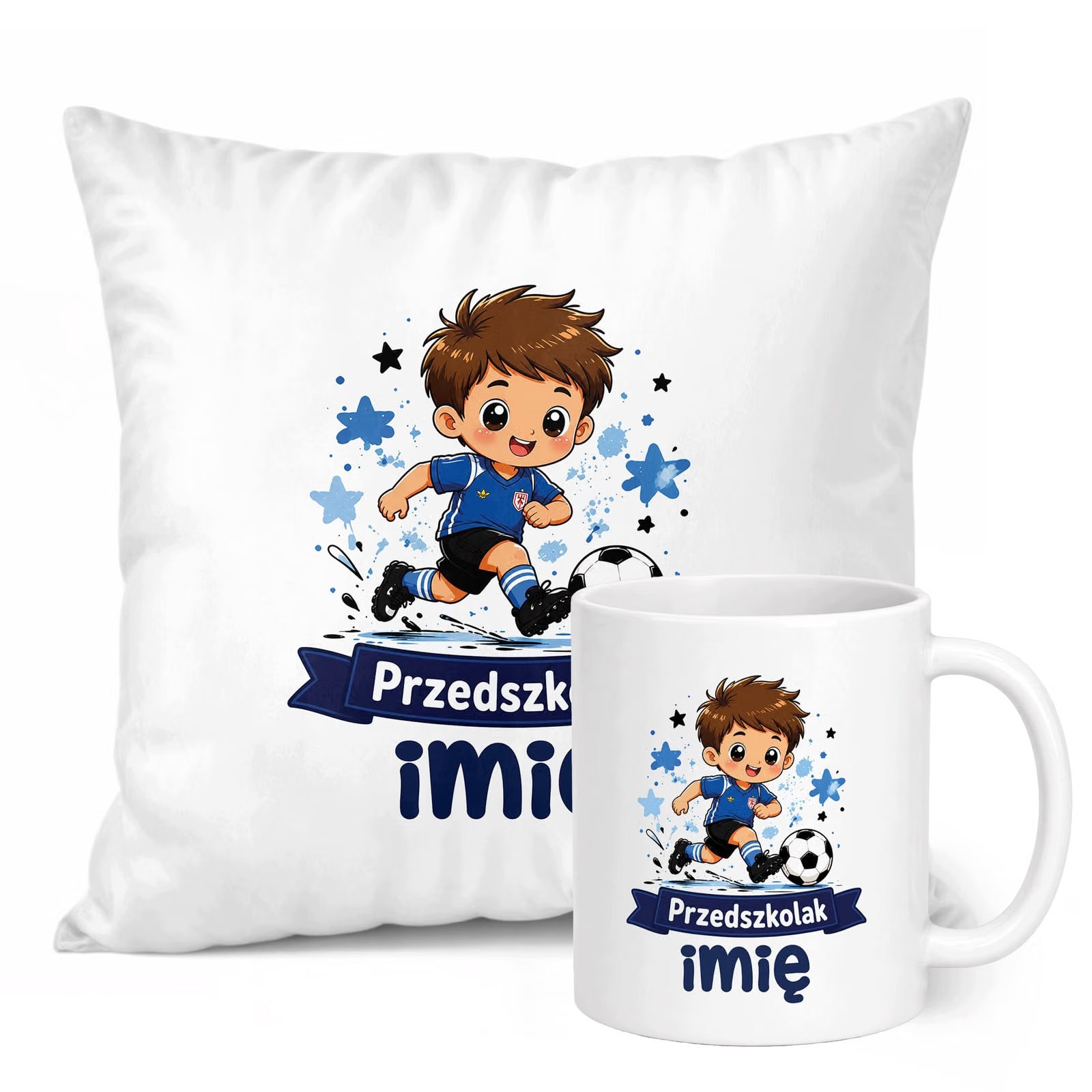 Zestaw Personalizowany Kubek Biały Poduszka Przedszkolak Piłka