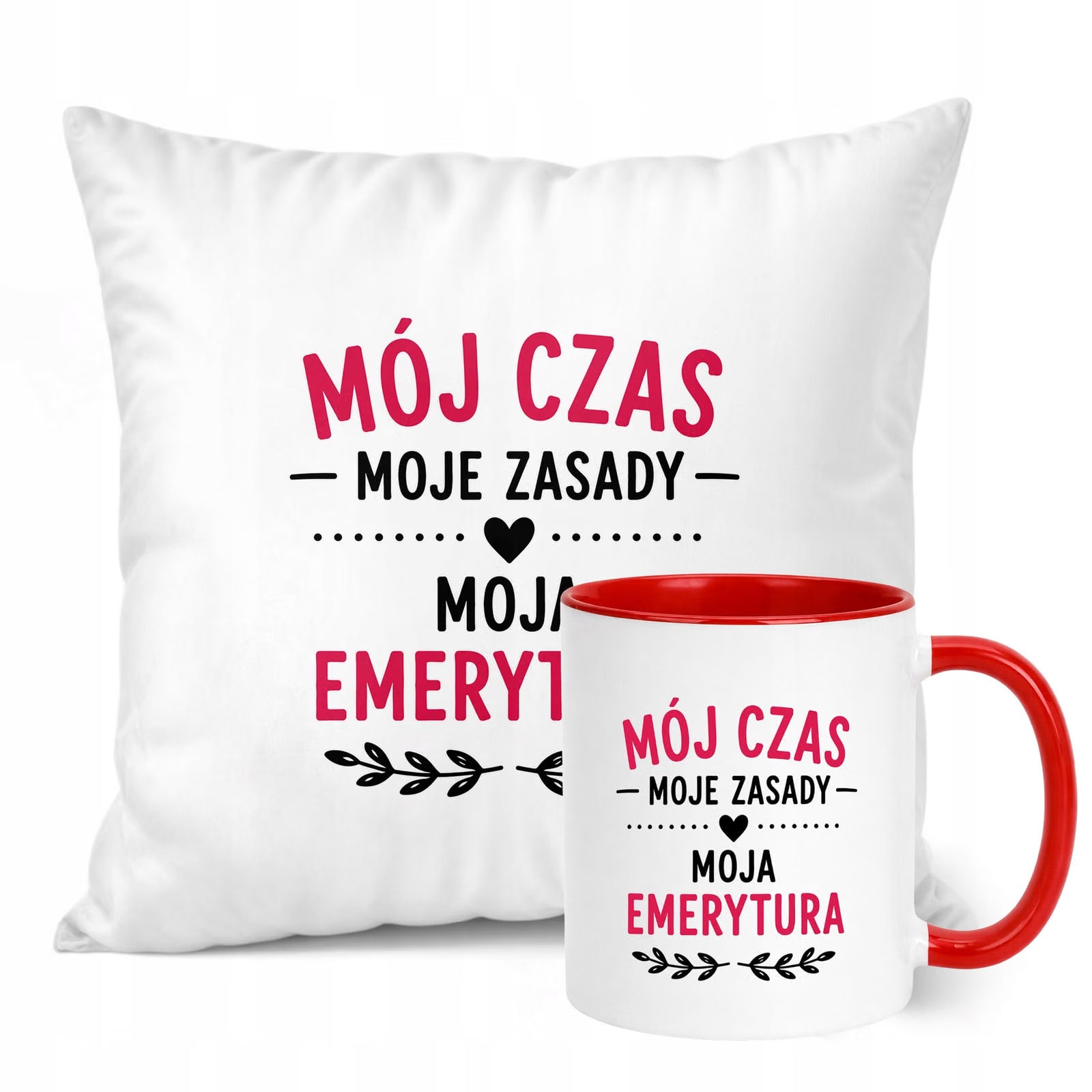 Zestaw Kubek Czerwony Poduszka Z Nadrukiem Emerytura Dla Emerytki Prezent