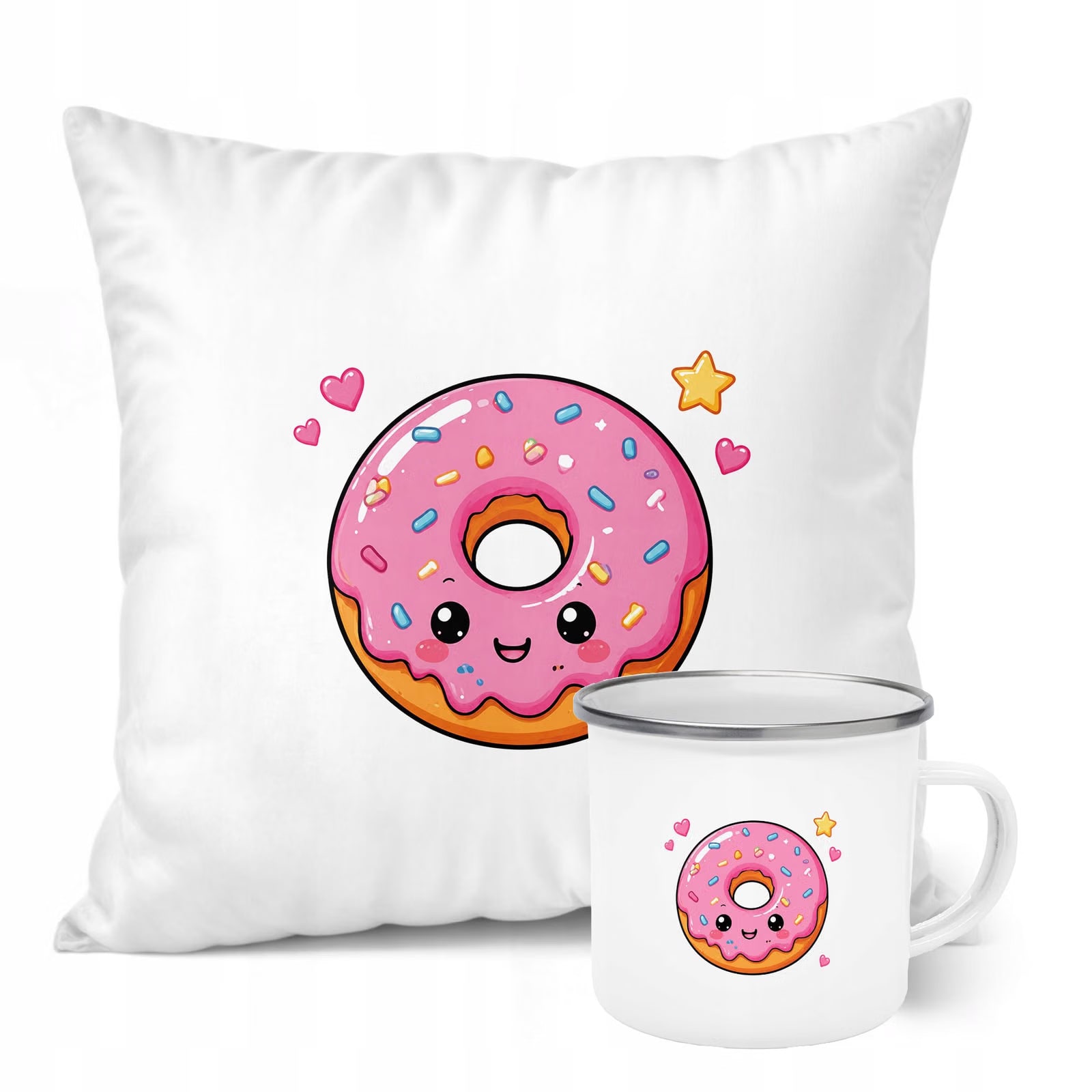 Zestaw Kubek Emaliowany Poduszka Z Nadrukiem Kawaii Pączek Prezent