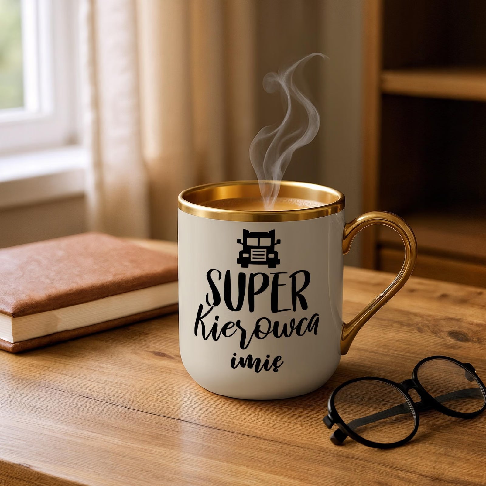 Kubek Premium Złoty Ecru Personalizowany Super Kierowca