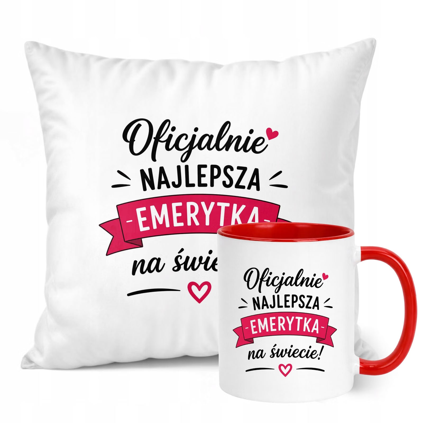 Zestaw Kubek Czerwony Poduszka Z Nadrukiem Emerytura Dla Emerytki Prezent
