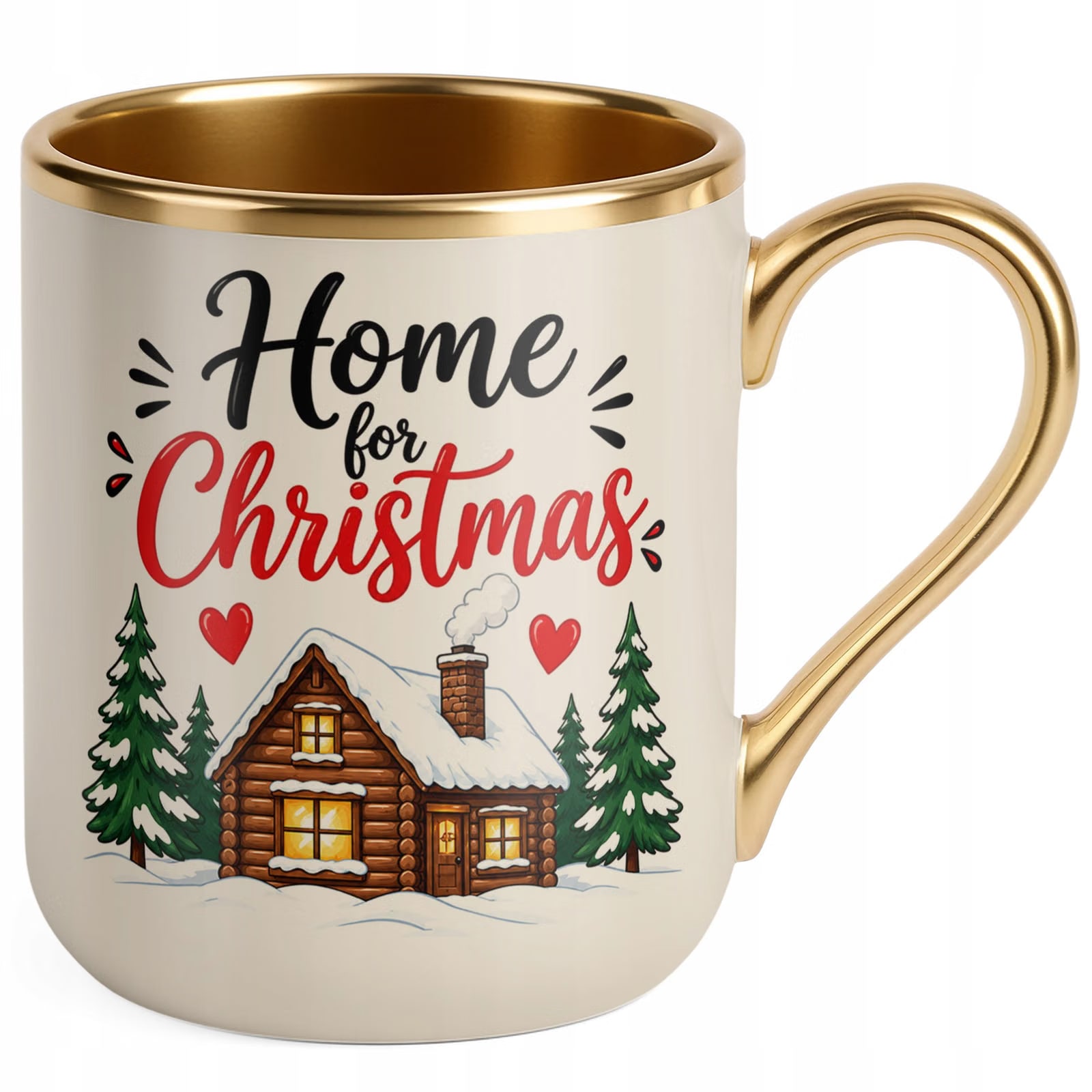 Kubek Premium Złoty Ecru Boże Narodzenie Mikołajki Home For Christmas