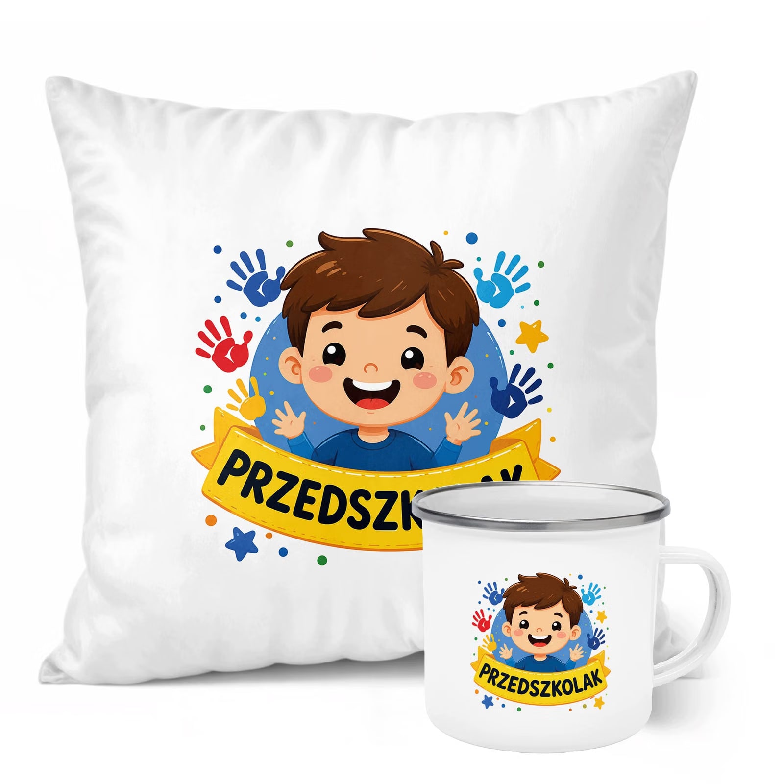 Zestaw Kubek Emaliowany Poduszka Z Nadrukiem Przedszkolak Szkoła Prezent