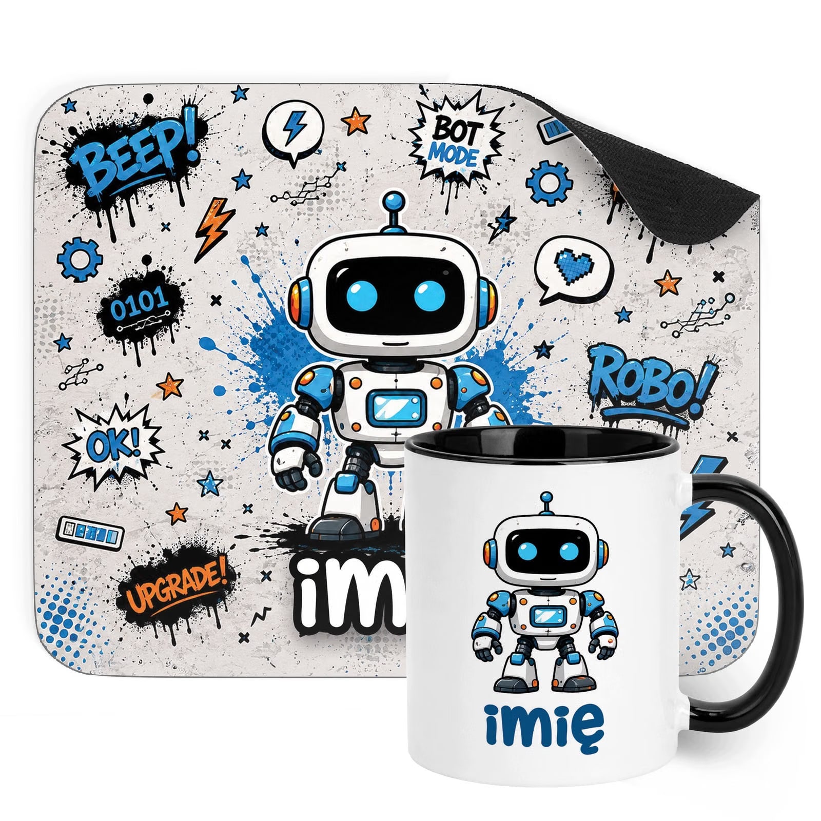 Zestaw personalizowany Kubek Czarny Podkładka pod mysz Robot