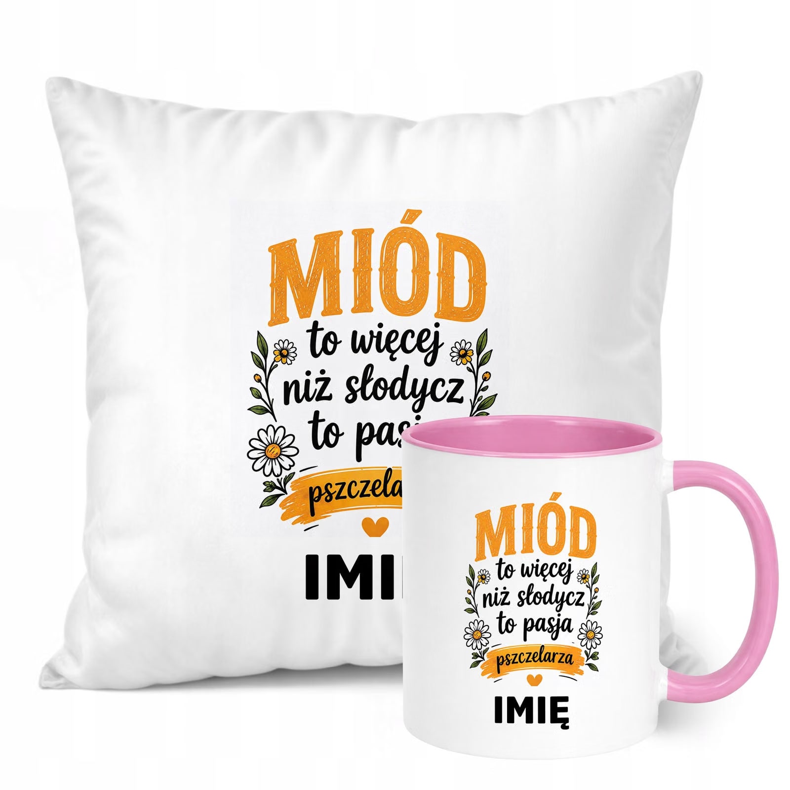 Zestaw Personalizowany Kubek Różowy Poduszka Z Nadrukiem Dla Pszczelarza