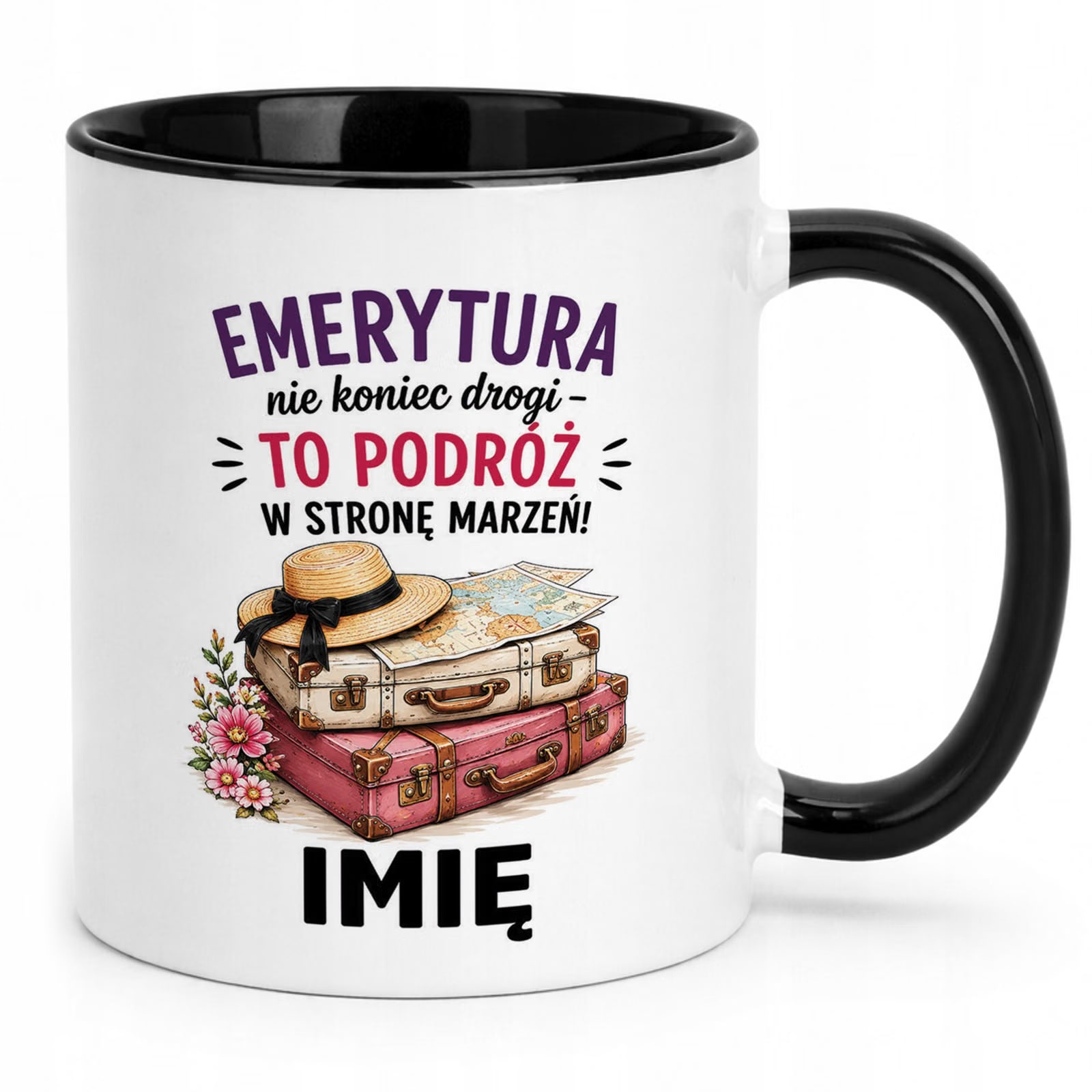 Kubek Czarny Personalizowany z Nadrukiem Emerytura Dla Emerytki Prezent