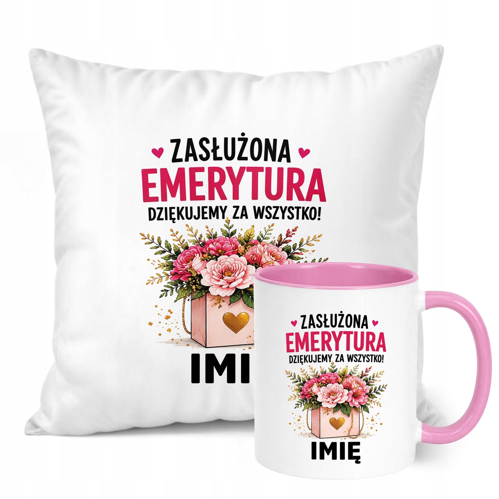 Zestaw Personalizowany Kubek Różowy Poduszka Emerytura Upominek Prezent