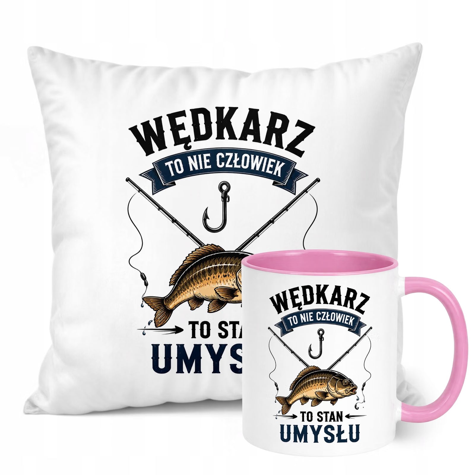 Zestaw Kubek Różowy Poduszka Z Nadrukiem Dla Wędkarza Prezent
