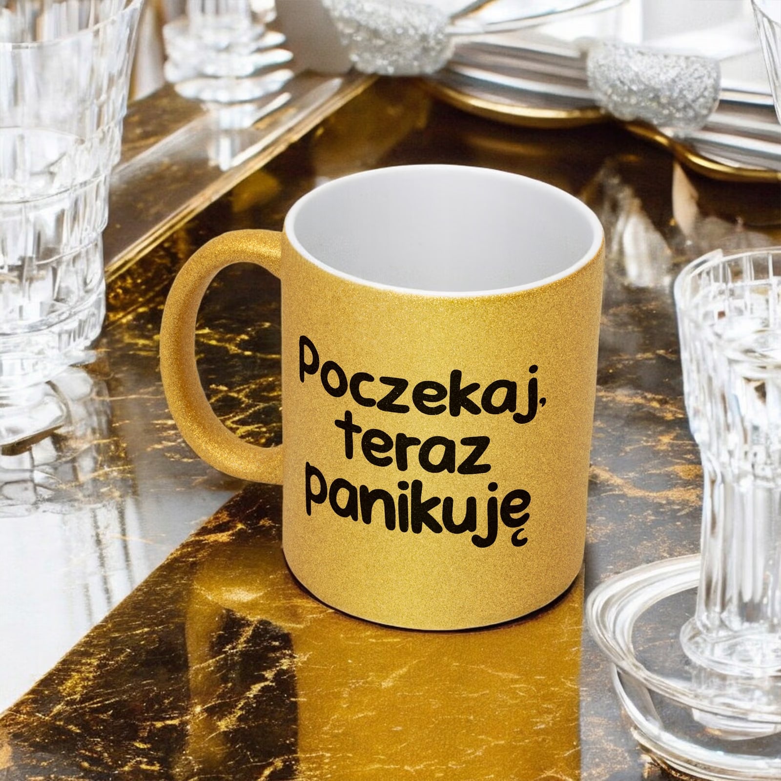 Złoty Kubek Brokatowy Poczekaj Teraz Panikuję Zabawny Prezent