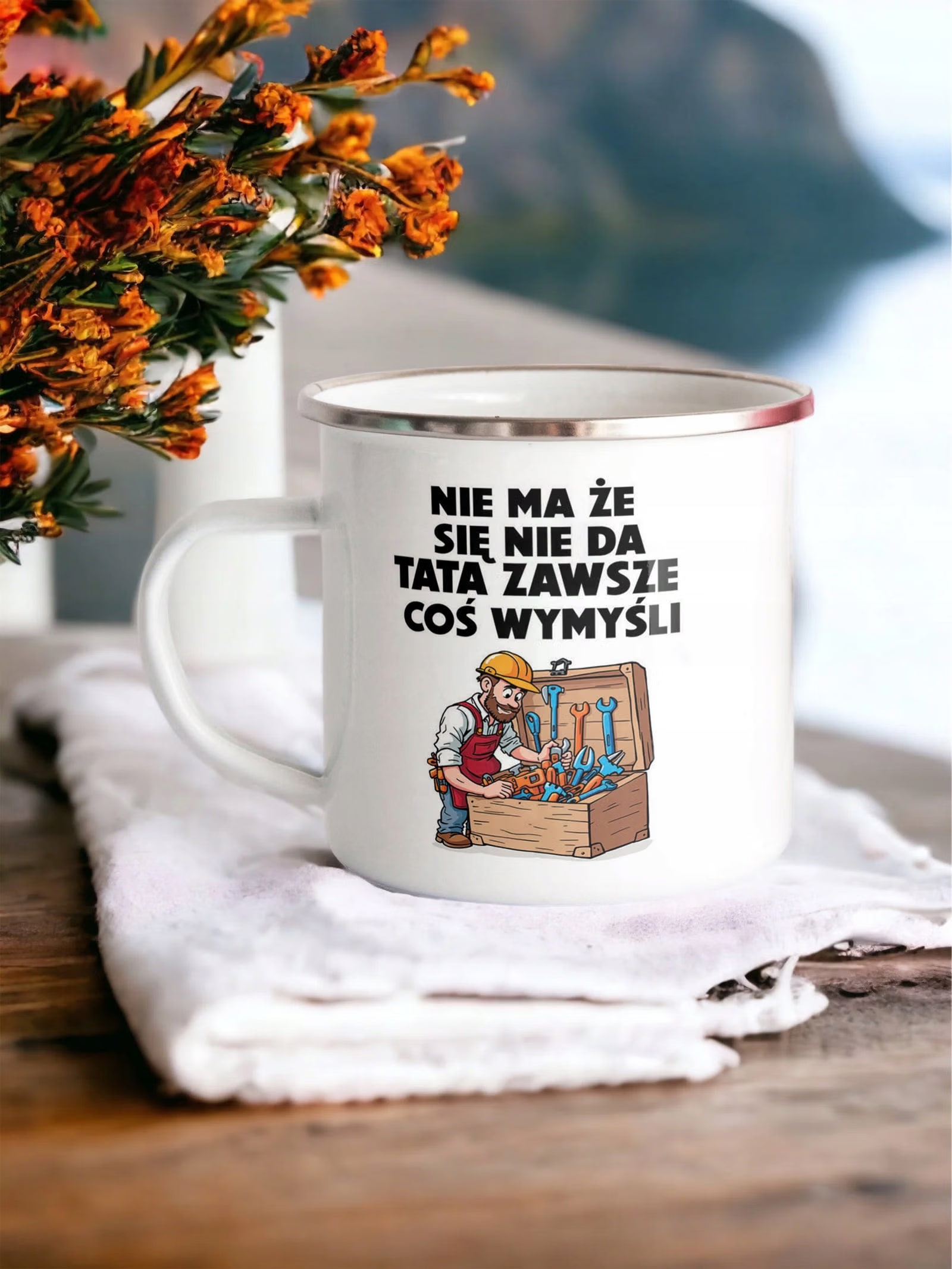 Kubek Emaliowany Dzień Ojca Dla Taty Tata z Nadrukiem Biały Metalowy