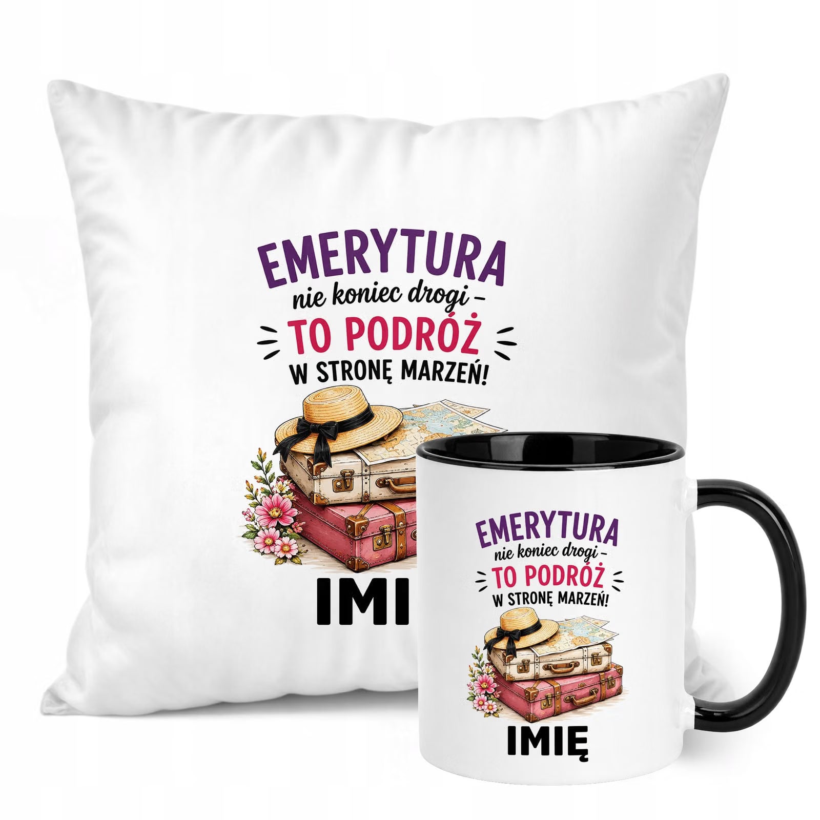 Zestaw Personalizowany Kubek Czarny Poduszka Emerytura Upominek Prezent