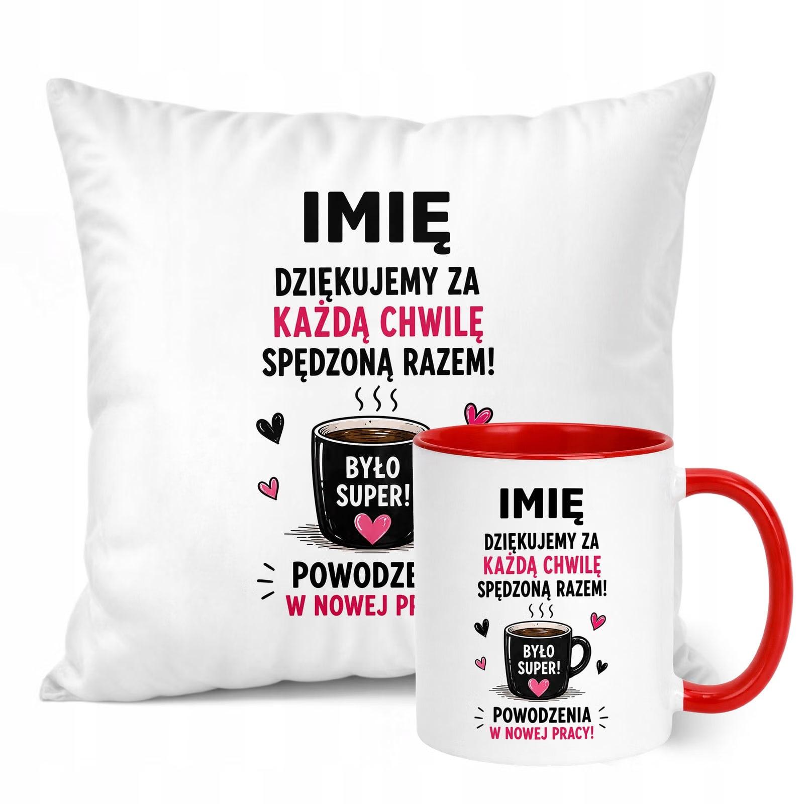 Zestaw Personalizowany Kubek Czerwony Poduszka Odejście z Pracy Prezent