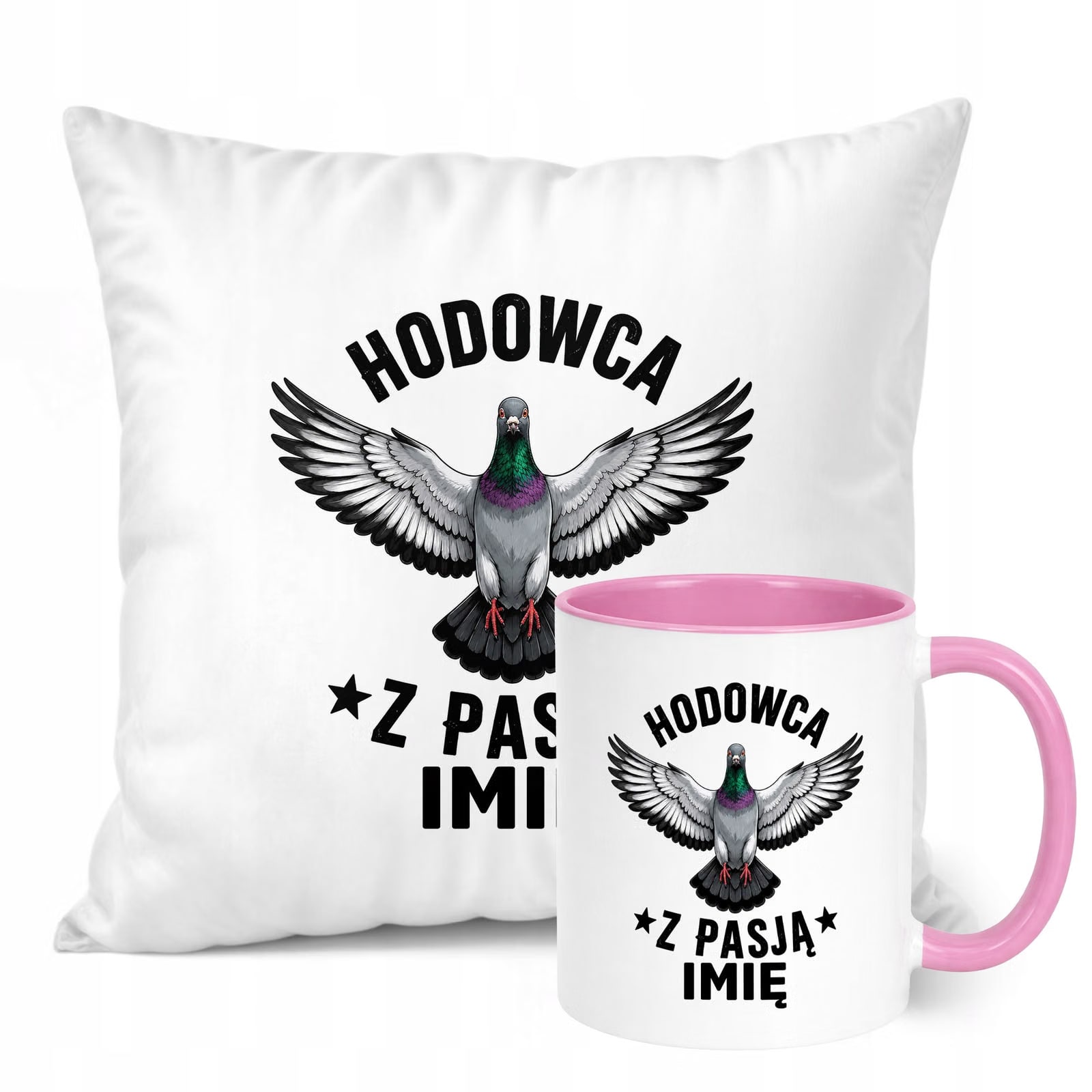 Zestaw Personalizowany Kubek Różowy Poduszka Z Nadrukiem Dla Gołębiarza