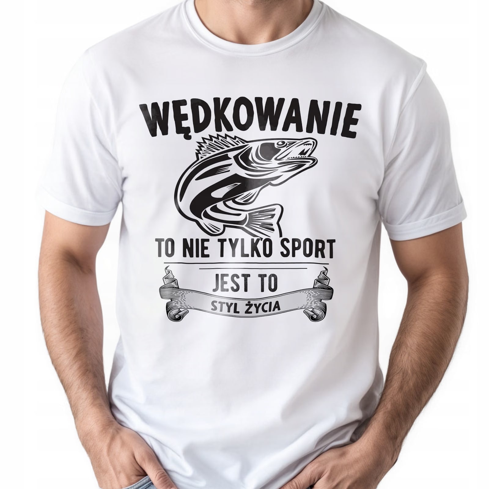 Koszulka biała męska Dla Wędkarza Wędkowanie Ryby Prezent r. 3XL