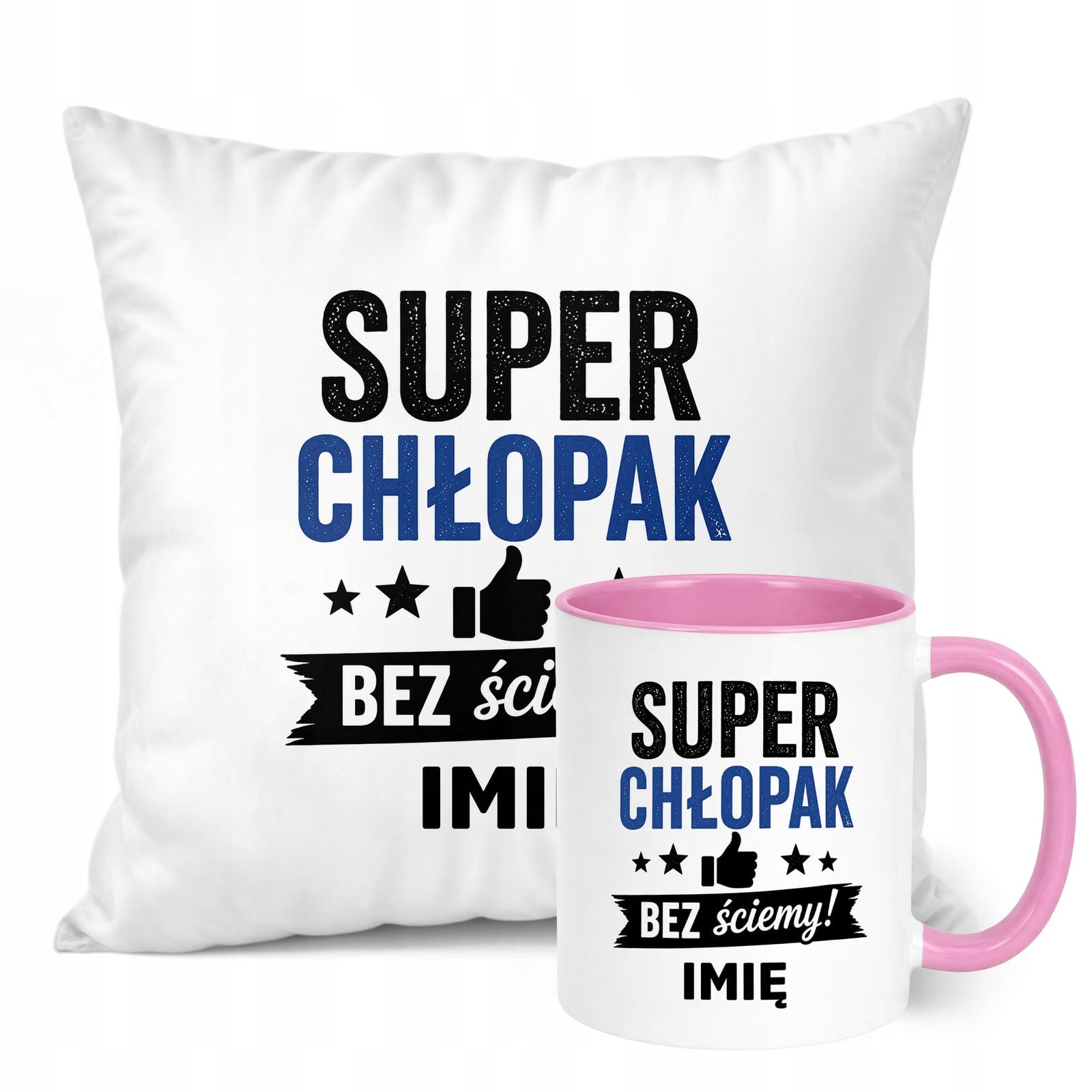 Zestaw Personalizowany Kubek Różowy Poduszka Dzień Chłopaka Z Nadrukiem