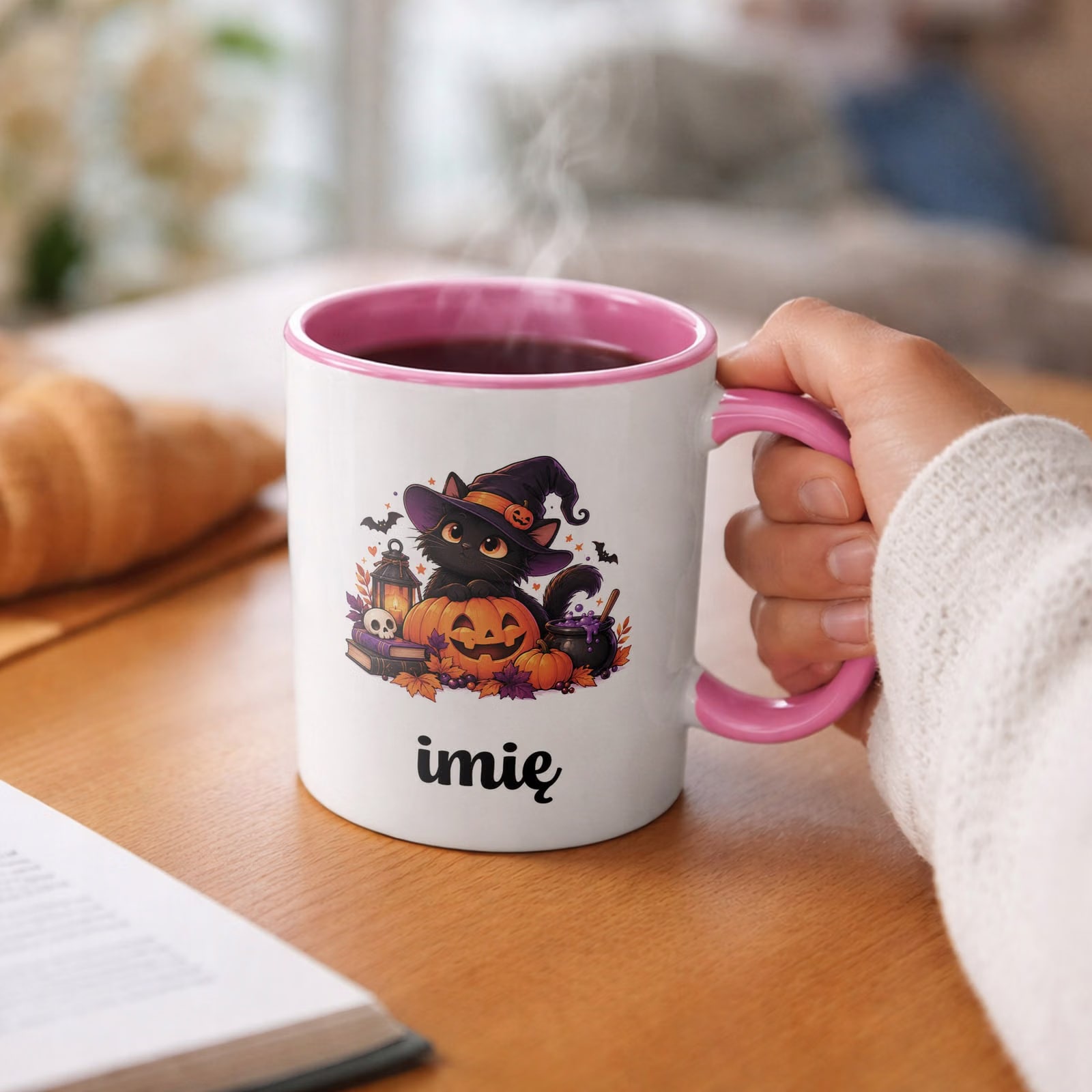 Kubek Różowy Personalizowany z Nadrukiem Halloween Jesień Prezent Upominek
