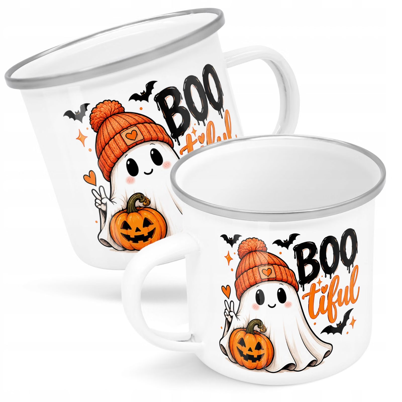 Kubek Emaliowany Halloween Duch Dynia z Nadrukiem Biały Metalowy Prezent