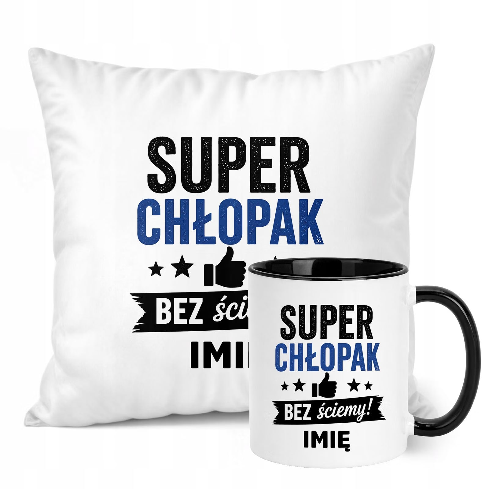 Zestaw Personalizowany Kubek Czarny Poduszka Dzień Chłopaka Z Nadrukiem